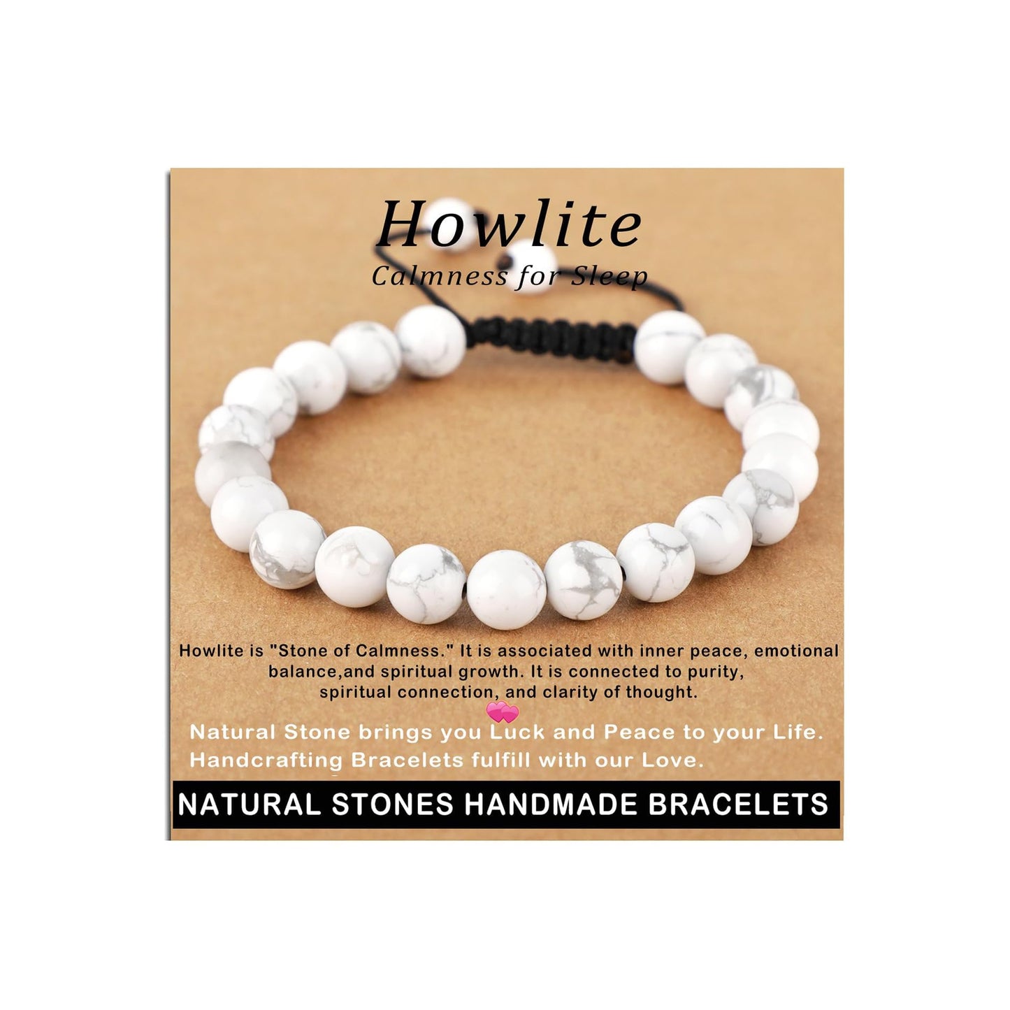 AD Beads 8mm Howlite - Calmness for Sleep - Handmade Natural Stone Crystal Bracelet with Adjustable Macrame String - Yoga Healing Power Energy Gifts for Men and Women
