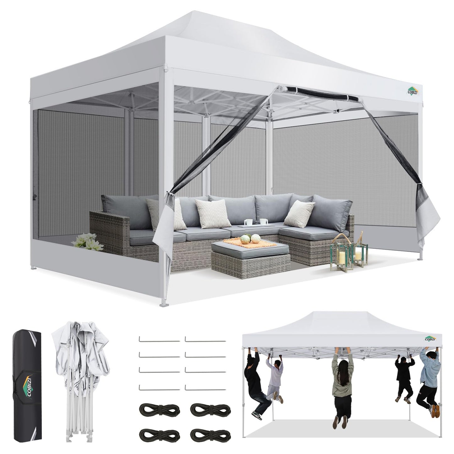 COBIZI 10x15 Canopy Tent, Heavy Duty Pop up Canopy with Sidewalls, Waterproof Easy Setup Tent with Mosquito Netting, Outdoor Instant Screen Tents for Parties, Wedding, Backyard with Carry Bag, White