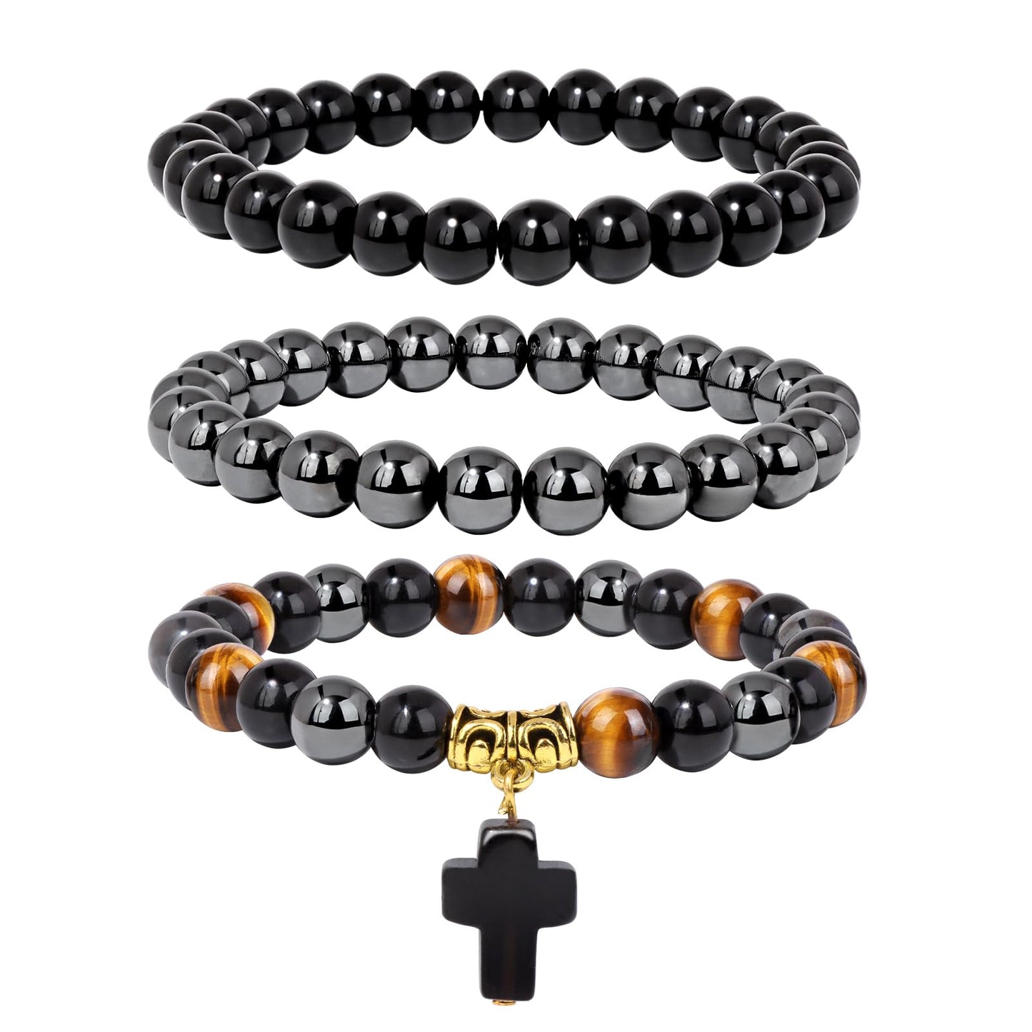 Vinswet Healing Crystal Beaded Bracelets for Women,Natural Tiger Eye Hematite Obsidian Triple Protection Bracelet,Anxiety Stress Relief Heart Charm Bracelet HandmadeJewelry Gifts for Women (3pcs)