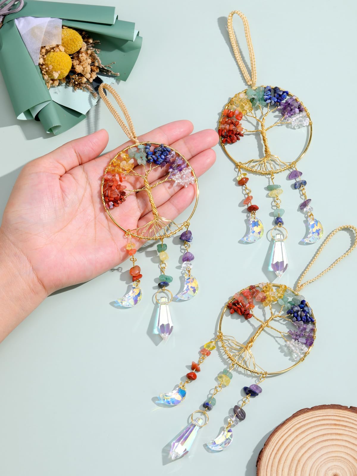 CrystalTears Chakra Crystal Tree Life Hanging Ornament Handmade 7 Chakra Healing Crystal Gemstone Glass Suncatcher for Home Window Wall Decoration Crystals Gifts for Women Men Friends