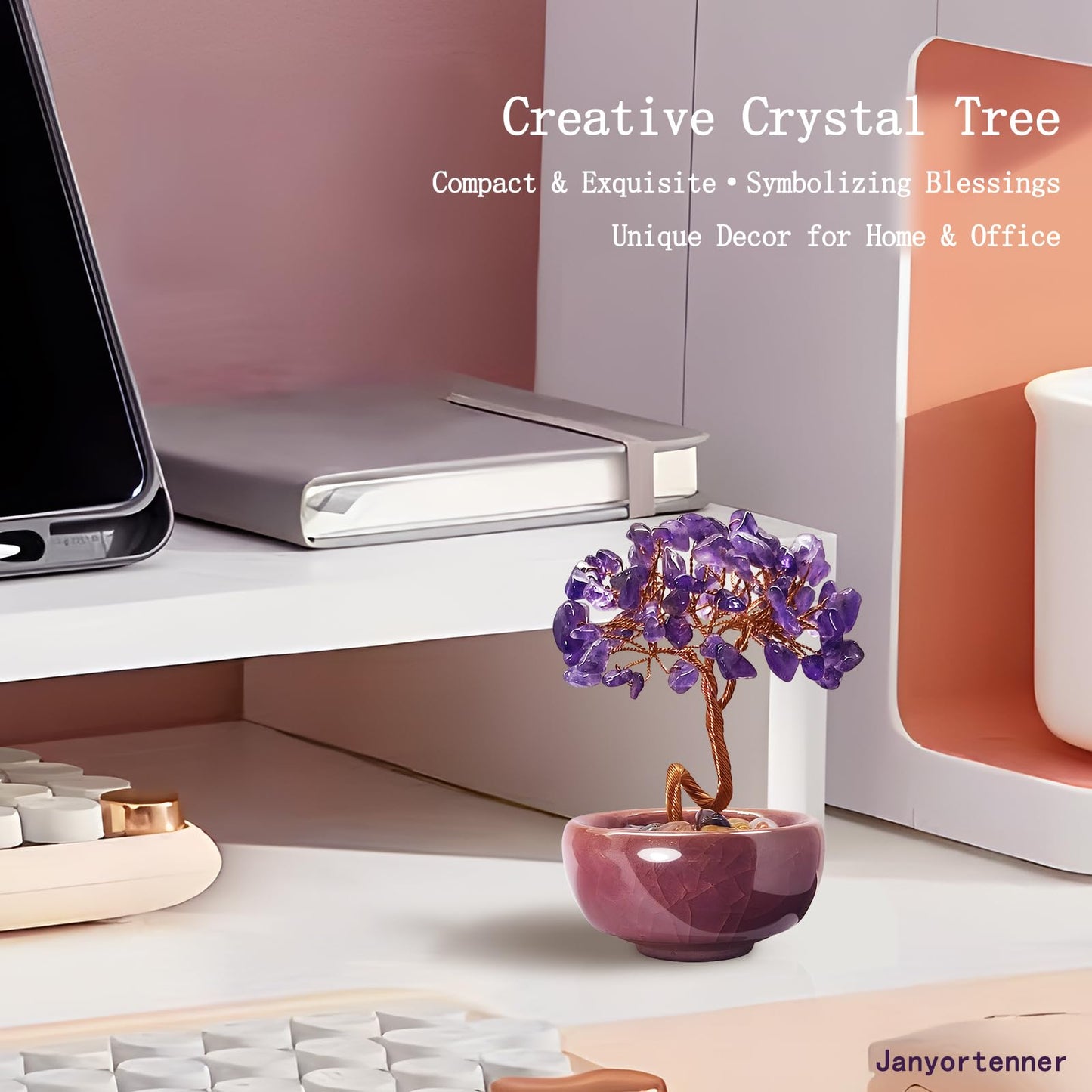 Janyortrenner Mini Amethyst Crystals Tree of Life,Mystical Energy Home Office Desk Decor,Handmade Crystal with Copper Wire and Crackle Glaze Base,Spiritual Gift