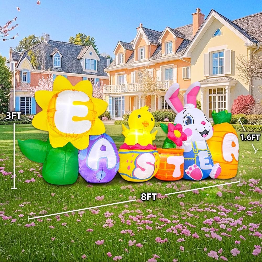 KOOY 8FT Long Easter Inflatables Bunny Outdoor Decorations with Egg Chick Carrot and Sunflower, Built-in LED Lights Easter Blow Up Yard Decorations for Lawn Garden Holiday Party