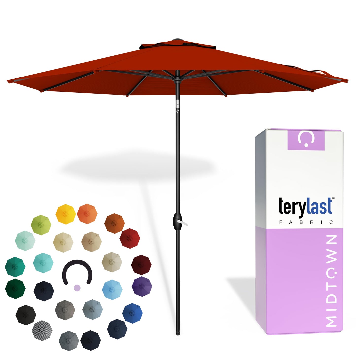 Midtown Umbrellas - 10-Year-No-Fade 10 Ft Patio Umbrella with Terylast Fabric, Auto-Tilt Aluminum Frame and 8 Reinforced Ribs for Deck, Pool, Garden & Beach - Apple Red Canopy, Black Pole