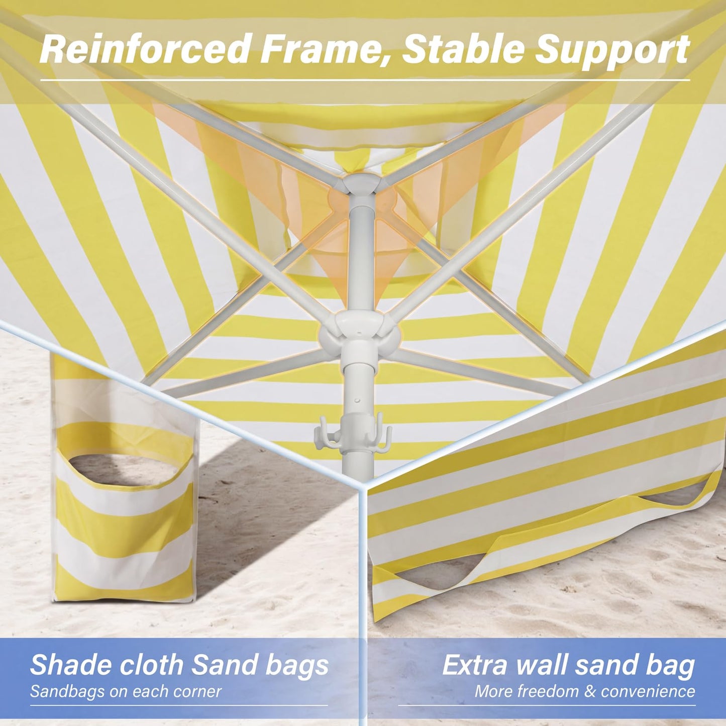 Beach Cabana-6.6x6.6’Beach Canopy with Side Wall,Portable Umbrella Tent with Sand Pockets for Family & Friends,Easy Up Beach Sun Shelter for Outdoor Patios,Backyards,and Camping,Yellow Stripes