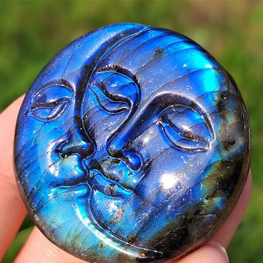 SaiDian 1Pcs Sun Moon Face Natural Labradorite Healing Sphere Stone Quartz Carved Crystal Ornaments Decor Reiki Minerals Meditation Home Decoration