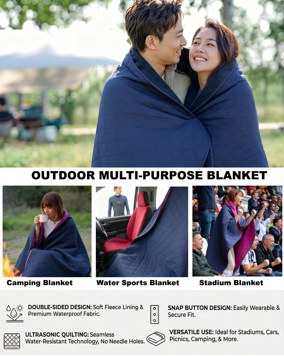 Waterproof Outdoor Stadium Blanket – Quilted & Windproof, 57"x49" Compact Picnic & Beach Blanket for Camping, Sports, Travel – Car Seat Cover for Post-Water Activities (Navy+Violet)