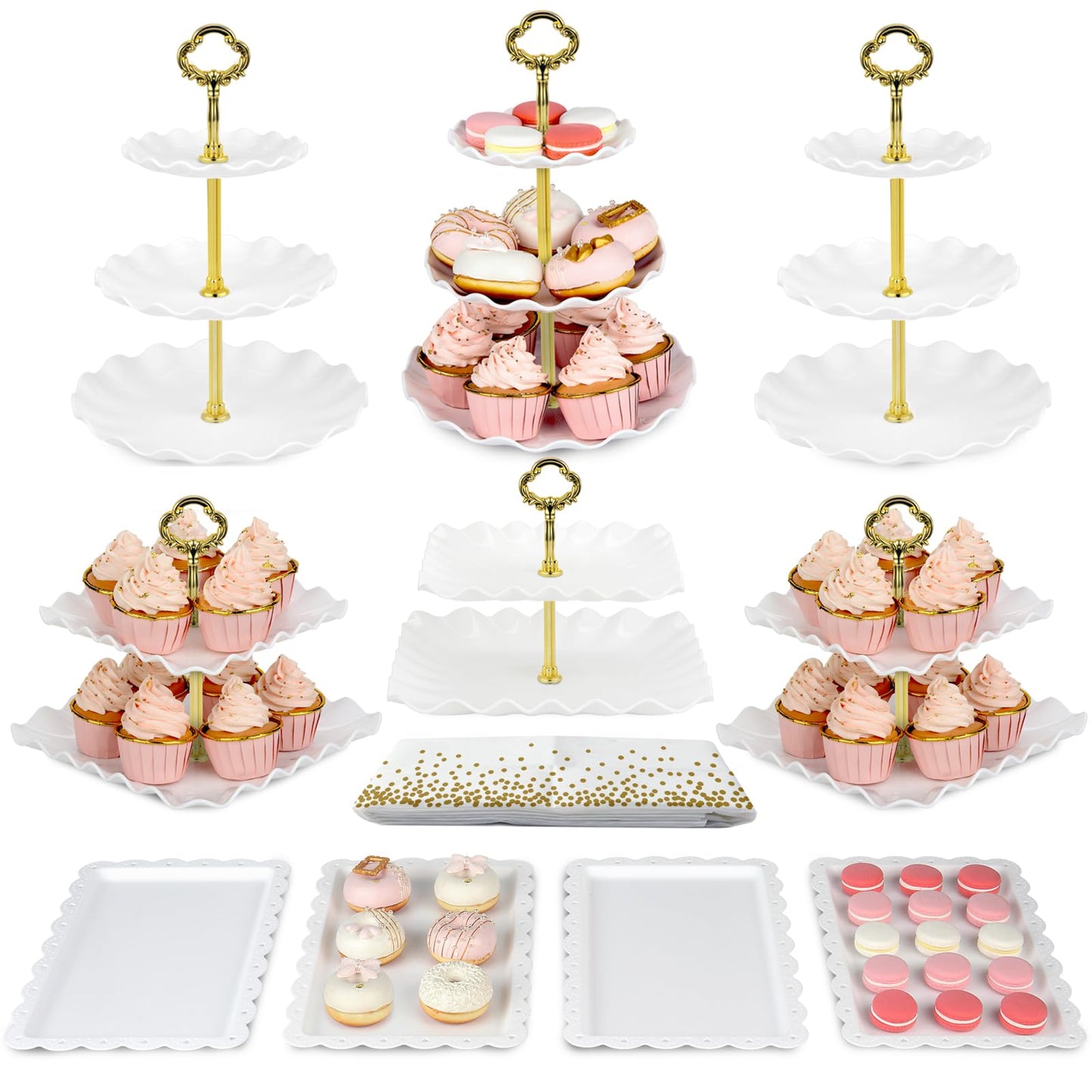 Pack of 10 NWK Cake Stand Set, with 3 x Two-Tier and 3 x Three-Tier Cupcake Stands, 4 x Appetizer Trays, 1 x Tablecloth for Birthday Bridal Baby Shower Party (Gold)