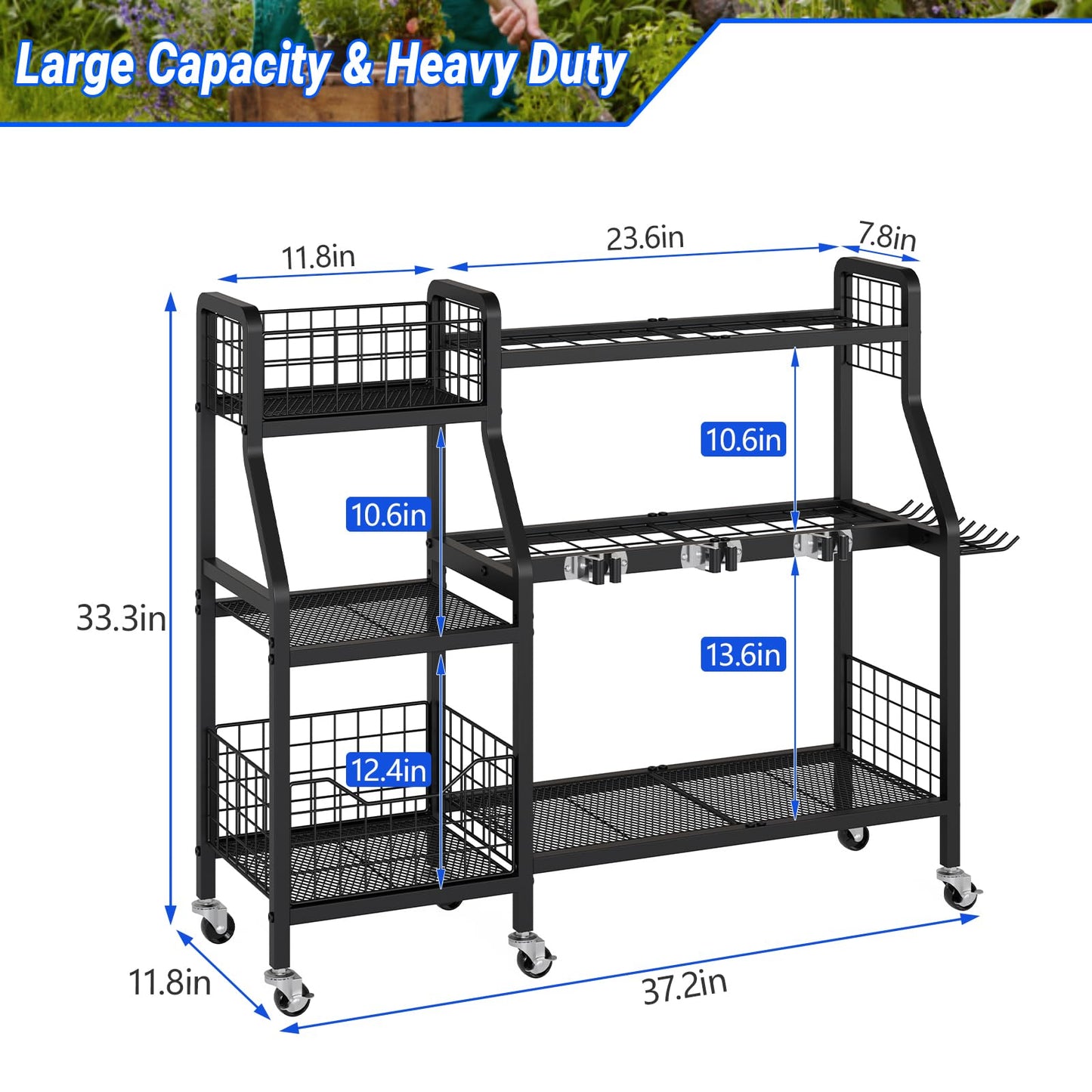 keomaisyto Garden Tool Organizer with 6 Wheels(3 lockable), Heavy Duty Yard Tool organizer with 2 Basket, Large Metal Garage Tool Organization and Storage for Garage/Shed/Yard/Broom Closet/Lawn