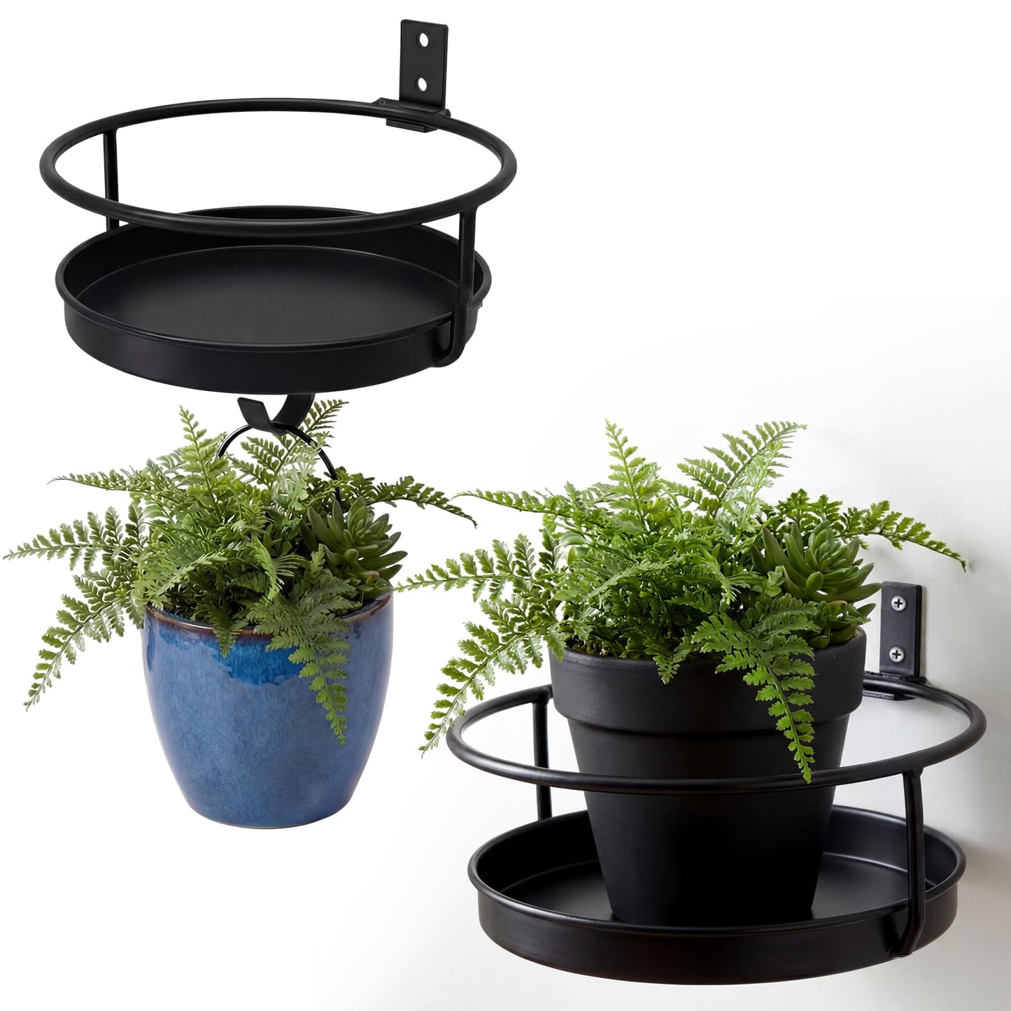 Lounsweer 2 Pack Wall Plant Holder with Hooks Metal Flower Pot Wall Hanging Shelf Black Indoor Outdoor Decor 7 Inch Floating Shelf Planter Hanger Bird Feeder Tray for Bedroom Living Room Porch Balcony