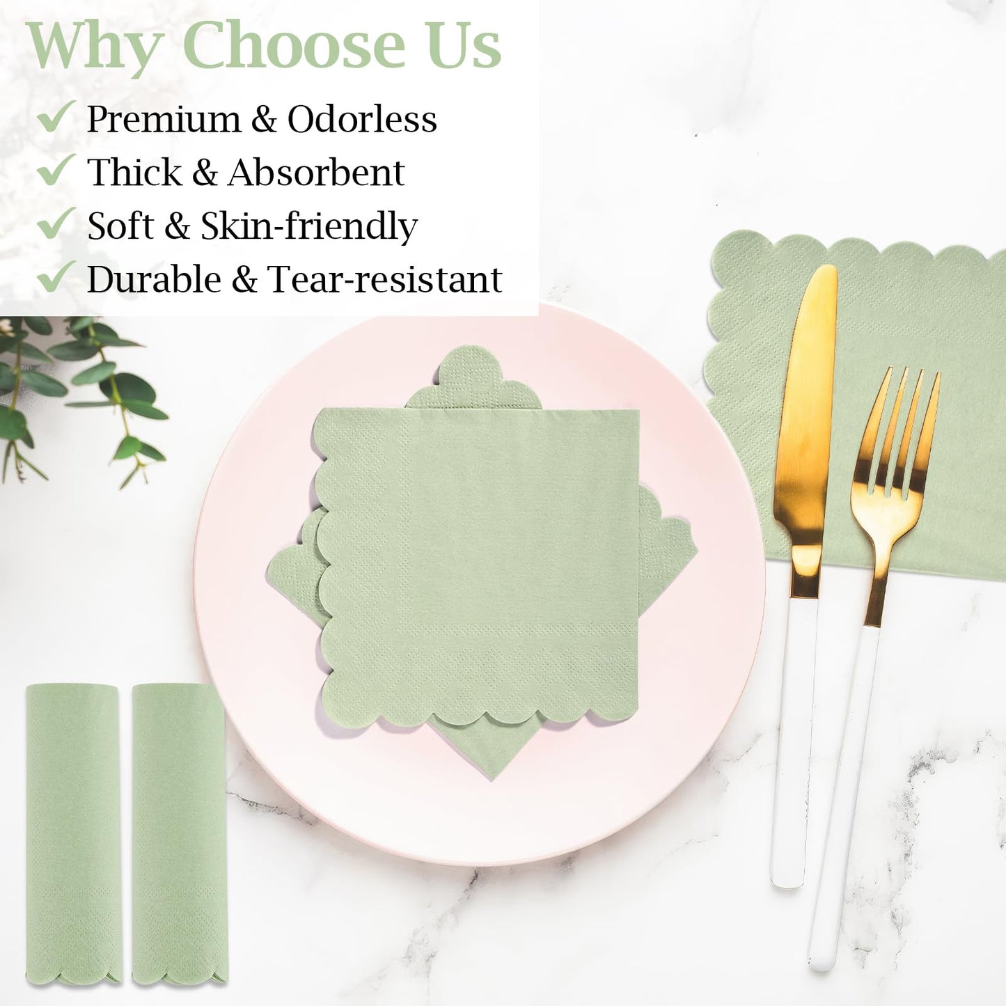 100 Pcs Cocktail Napkins, 2-Ply 5 x 5 Inches Disposable Scalloped Napkins, Thick Premium Dessert Napkins for Party, Wedding, Dinner, Birthday, Anniversary, Festival (Sage Green)