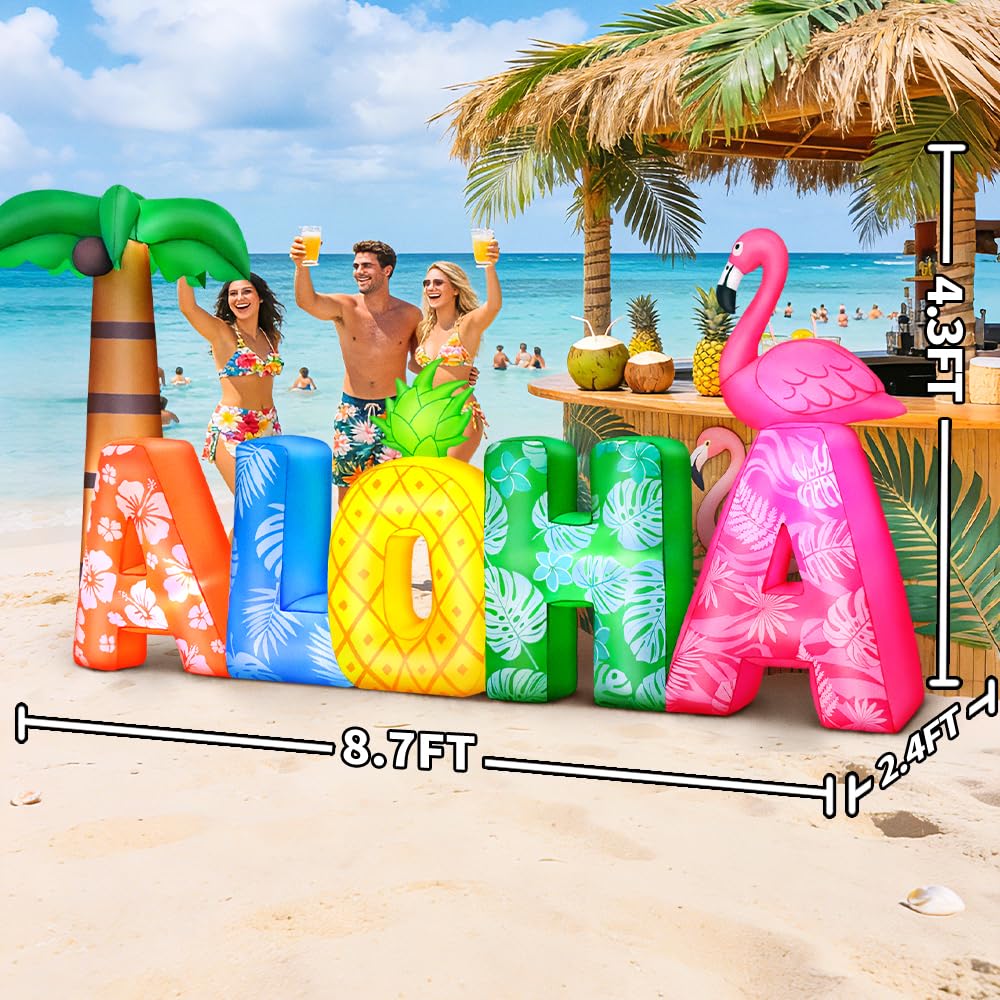 KOOY 8.7FT Long Summer Inflatables Aloha with Flamingo and Pineapple, Built-in LED Blow up Hawaiian Luau Party Decorations, Summer Inflatables Outdoor Decorations for Luau Tiki Bar Beach Pool Patio
