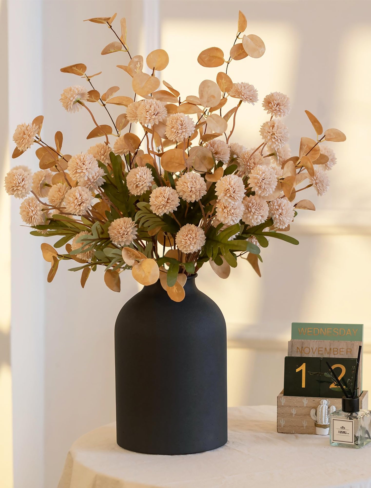 BLOSMON Fake Flowers Centerpieces for Tables: Gifts for Women Metal Vase with 12 Stems of Artificial Mums Kiku Eucalyptuses for Dining Room - Beige Faux Floral Arrangements in vase for Mothers Day
