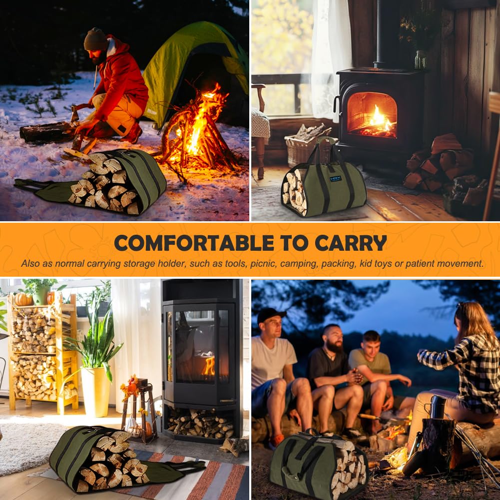 HRX Package Waxed Canvas Firewood Bag Carrier, Water Resistant Log Tote Wood Carrying Bag With Handles for Camping Trip Christmas Gift