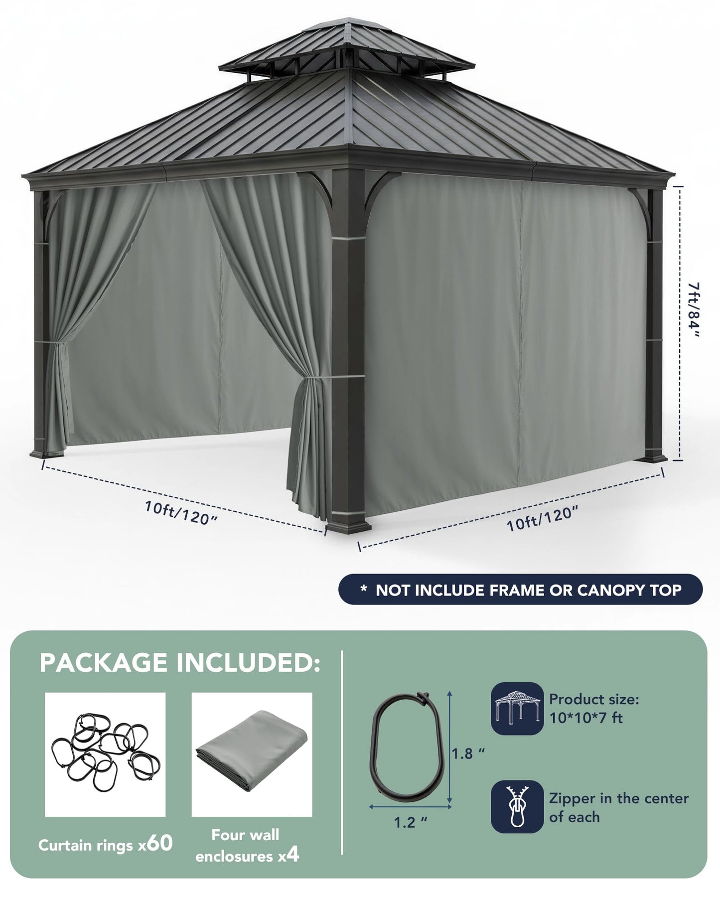 RichSets Gazebo Curtains Outdoor Waterproof - 10'Wx10'Lx7'H Weatherproof Patio Pergola Outside Curtains, Gazebo Universal Replacement Privacy Curtains, 4 Panels Sidewall Drapes with Zipper, Grey