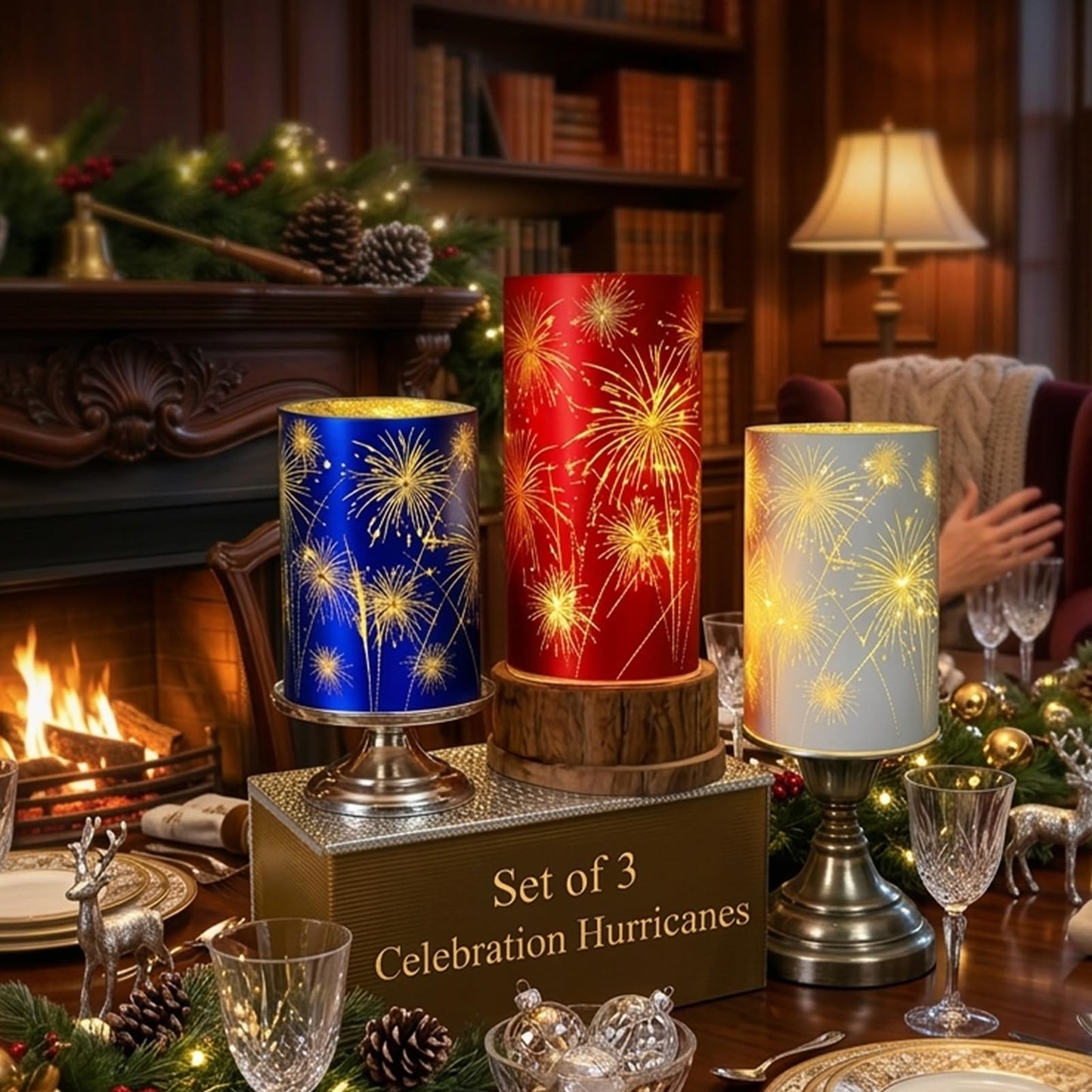 Set of 3 Celebration Hurricanes, Celebration Firework Lanterns - Premium Patriotic Red White Blue Trio, Etched Firework Starburst Lights, Twinkling Table Centerpieces for Wedding & Holiday Décor (A)