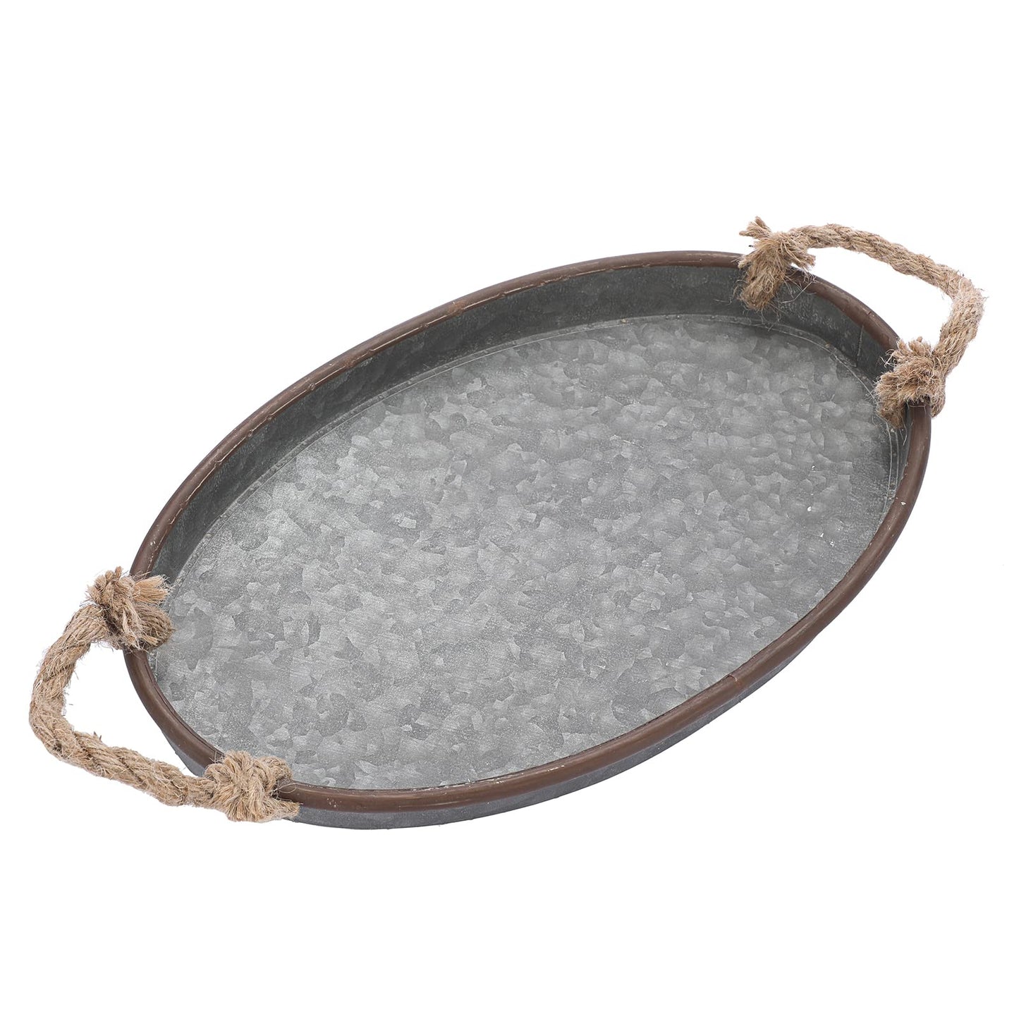 Hipiwe Galvanized Metal Iron Oval Tray with Rope Handle Farmhouse Serving Tray Rustic Industrial Decorative Centerpiece for Coffee Table Weddings and Parties Decor,Small