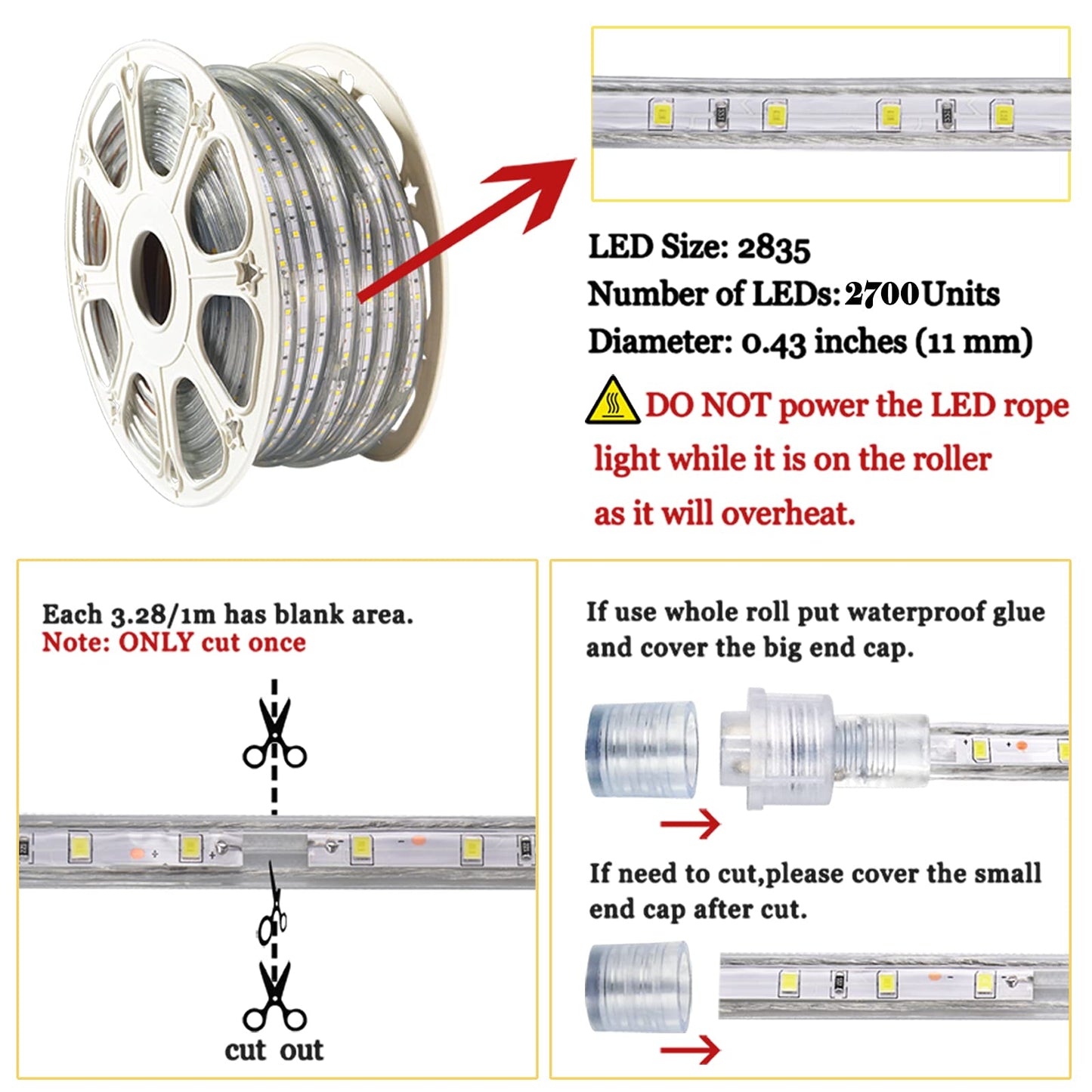 SURNIE 150ft Flat Outdoor Rope Lights Waterproof: 110V Cool Warm White LED Strip Light - Cuttable Connectable Lights for Deck Patio Stairs Backyards Commercial Decor Lighting, Not Tube Rope