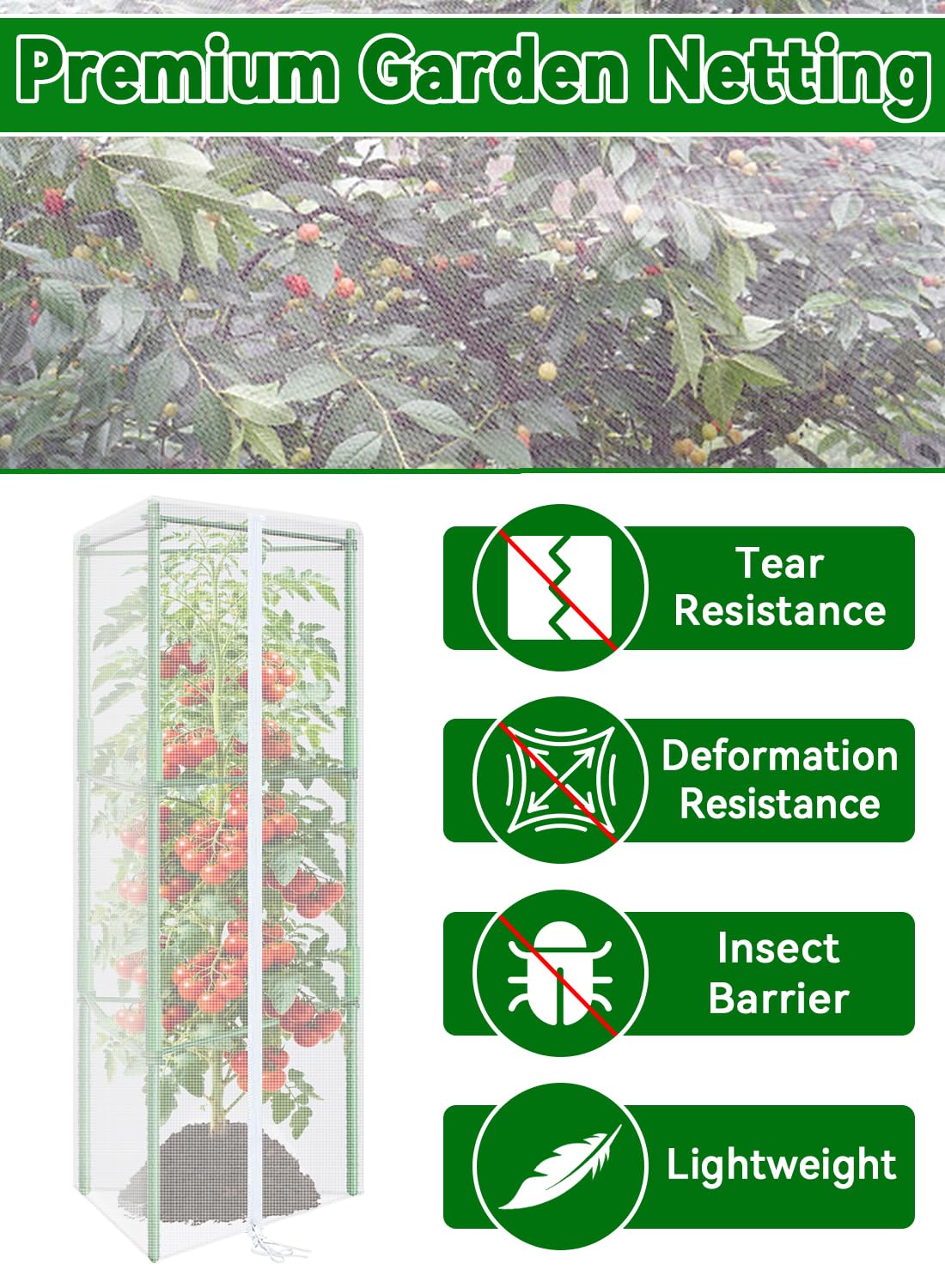 ZeeDix 61" x 16.1" Garden Bird Netting for Triangle Tomato Cage, 2 Pack Garden Mesh Barrier, Plant Covers Protect Tomatoes, Vegetables, Blueberry Bush from Birds & Pests