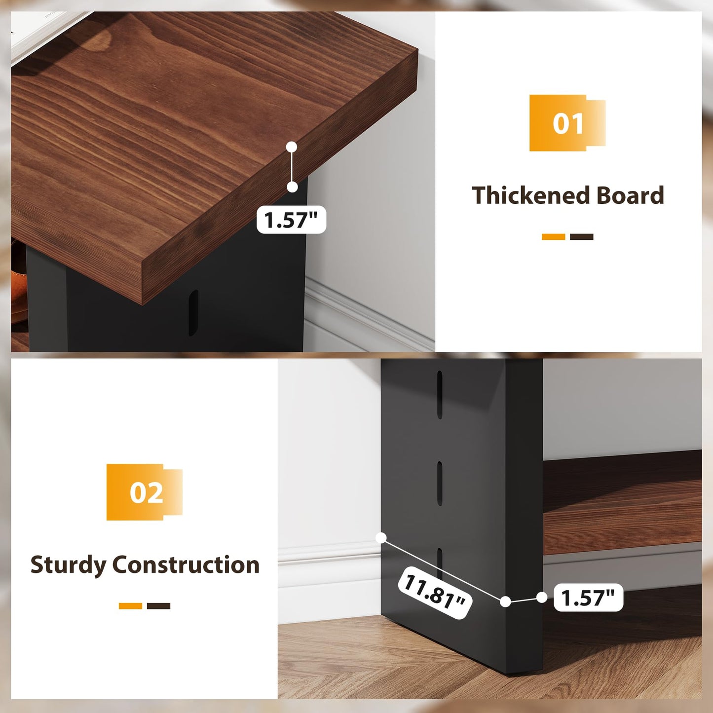 Condemo 47" Solid Wood Entryway Bench with Shoe Storage, 2-Tier Modern Farmhouse Hallway Bench with Open Shelf for Bedroom, Dining Room, Mudroom, Easy Assembly, Dark Walnut & Black