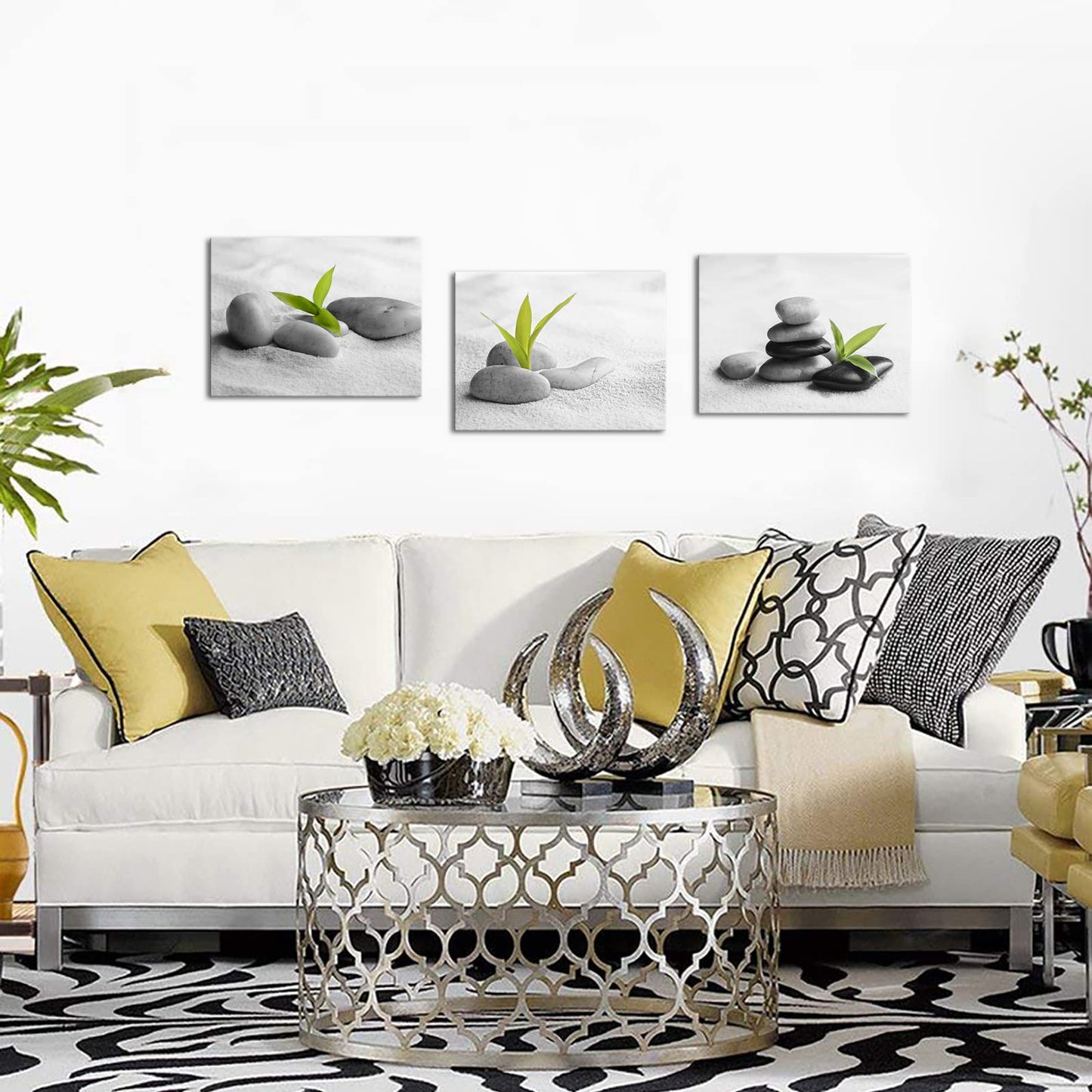 Biuteawal 3 Piece Zen Canvas Wall Art for Bathroom Decor Zen Stone with Green Plant Picture Print Peaceful Still Life Artwork Painting Modern Home Bedroom Meditation Room Spa Room Decoration