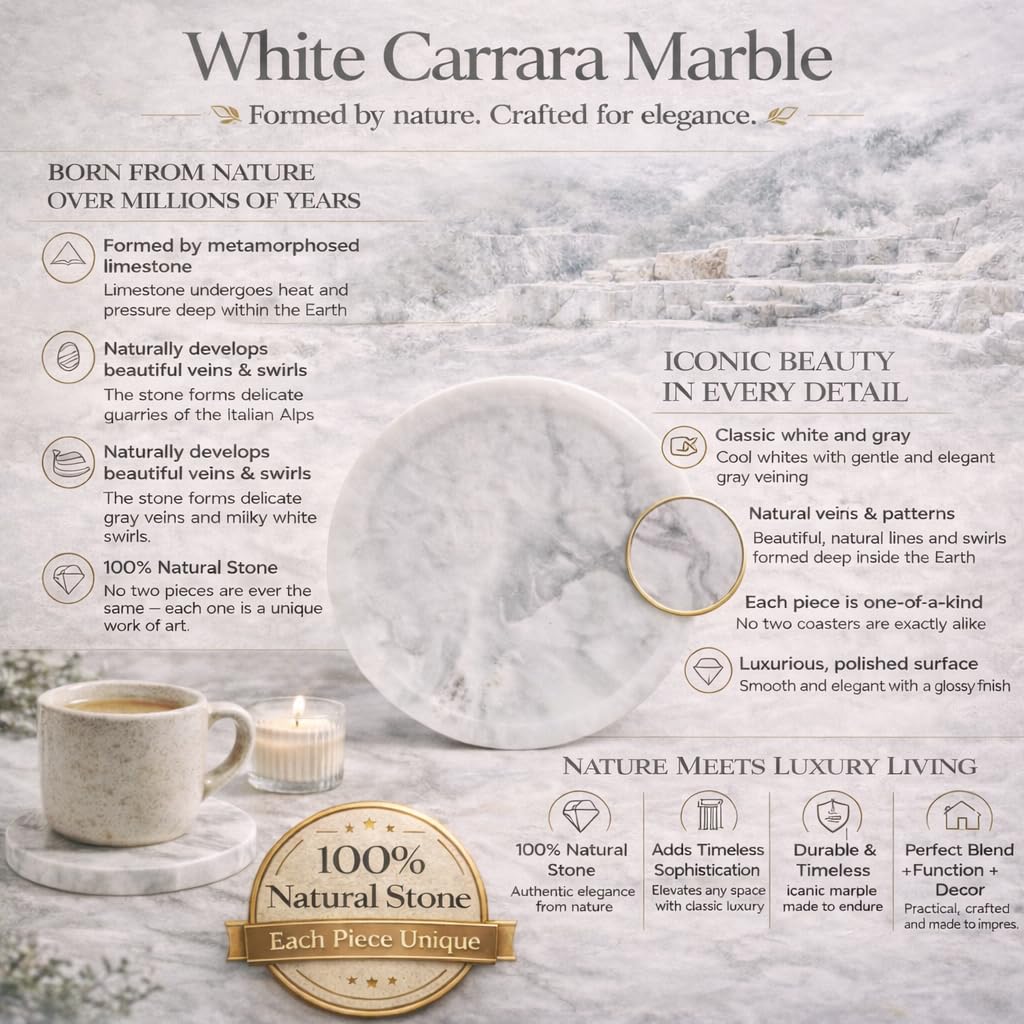 Marble Coasters Set of 6 with Holder, 3.5 Inch Round Drink Coasters for Tabletop and Coffee Table Decor, White