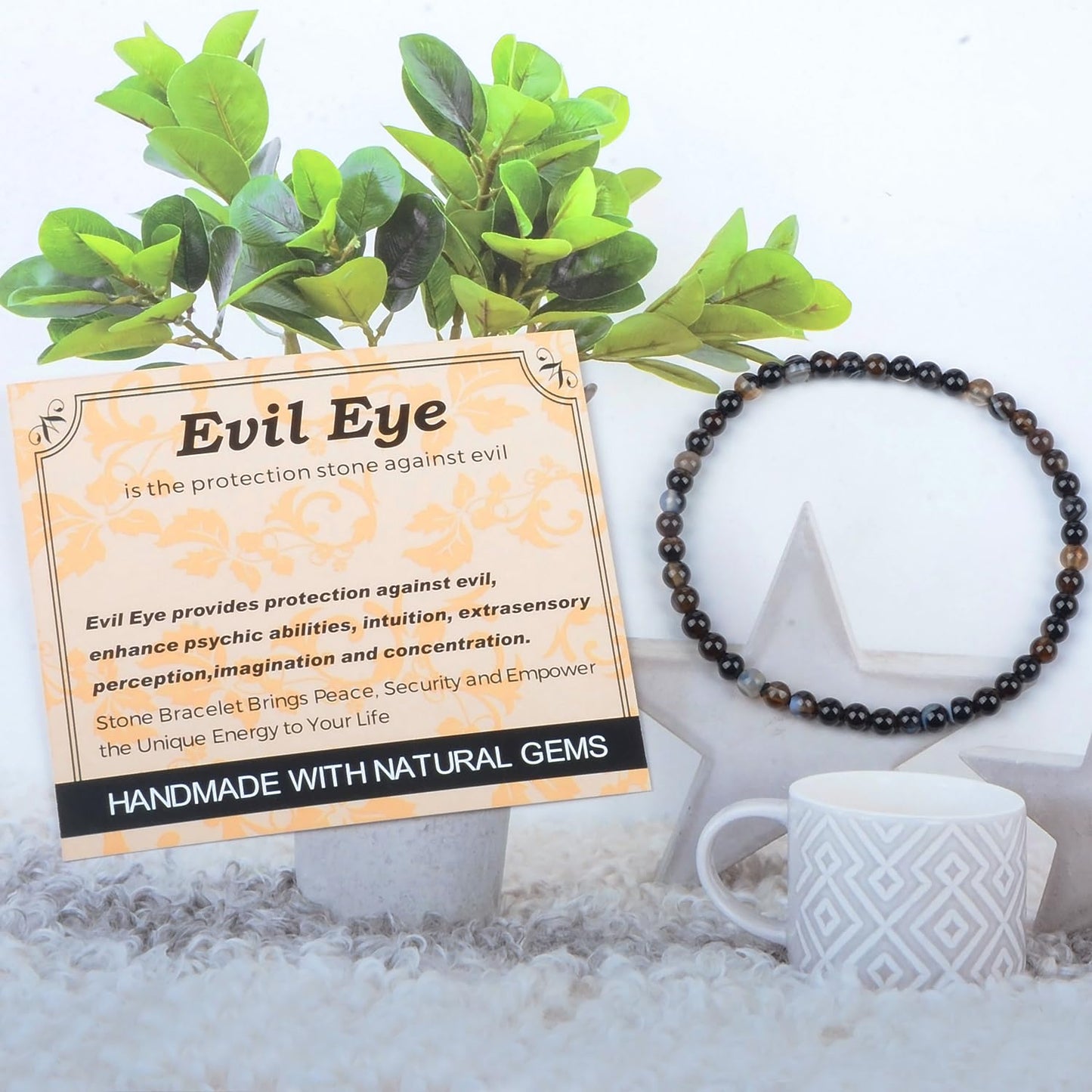 MASSIVE BEADS Evil Eye Agate - Stone of Against Evil - Handmade Yoga Stretch Elastic Bracelet Natural Stone Crystal Healing Power Energy Gifts for Unisex Adult 4mm
