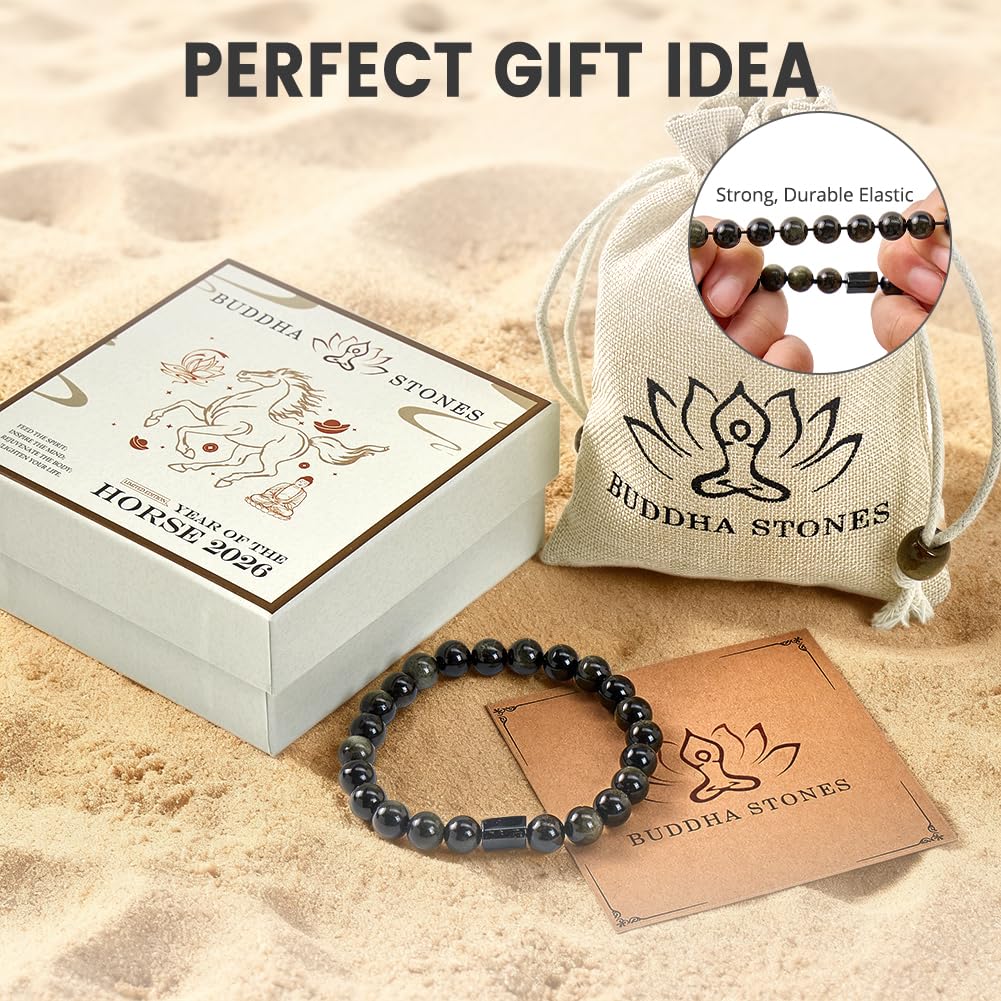 Buddha Stones Black Obsidian Bracelet with Black Tourmaline, Black Stone Bead Bracelet for Men & Women, Unisex Good Luck Bracele for Protection Positive Energy, Healing Crystal Bracelet for Anxiety Relief, Includes Gift Box & Card - 8MM