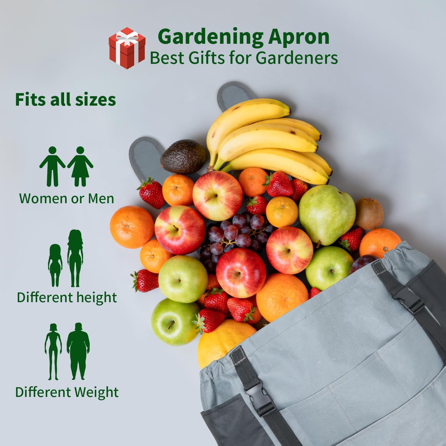 Garden Harvest Apron, Patioland Gray Adjustable Fruit Picking Apron w/Bottom Release Pocket,Gardening Apron with Gloves for Women & Men, Fruit Picking and Foraging Apron for Gardeners, Gardening Gifts