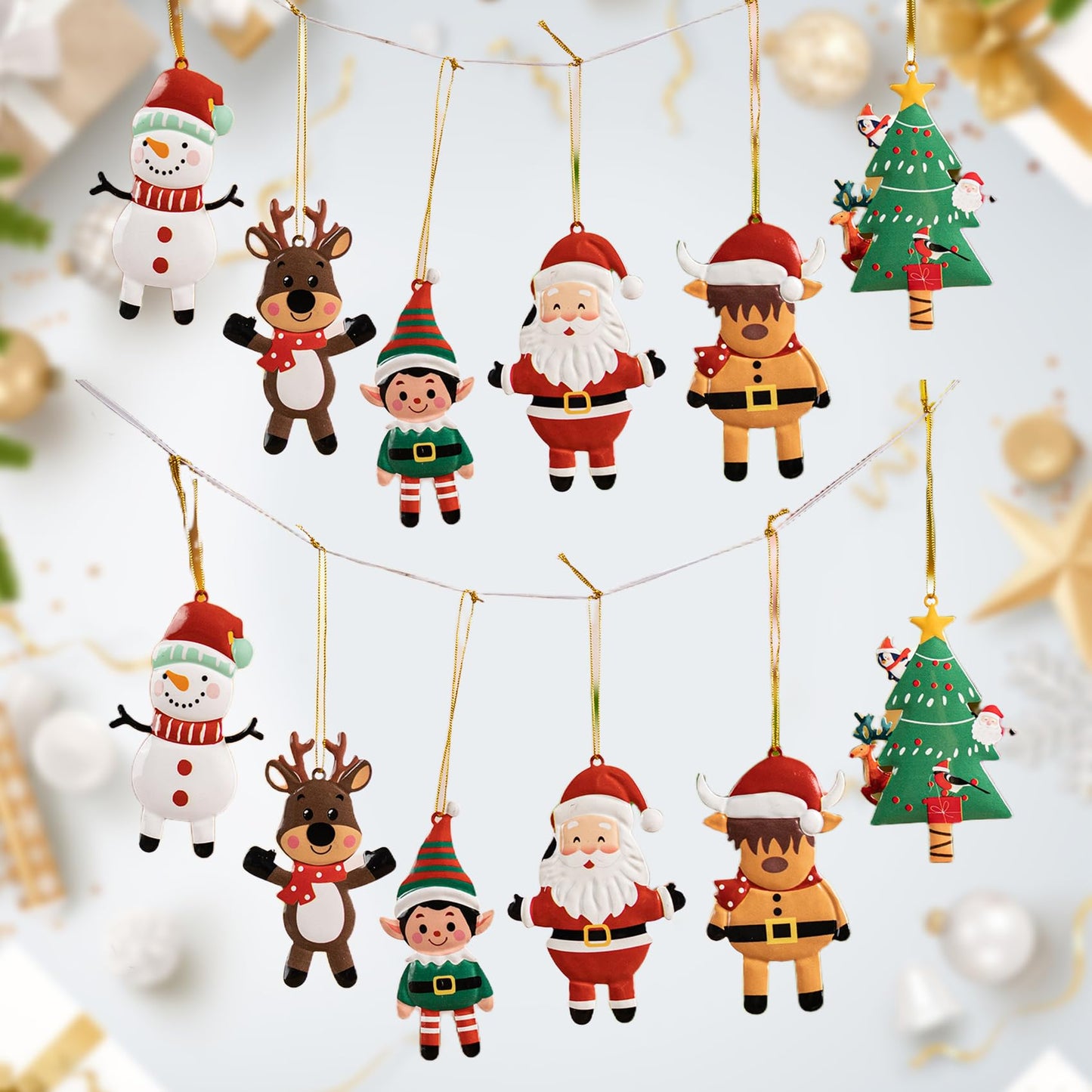 12 PCS Christmas Tree Ornaments Metal Long-Lasting Festive Holiday Ornament for Seasonal Display-Christmas Party Decorations for Mantel,Shelves, Home Accents