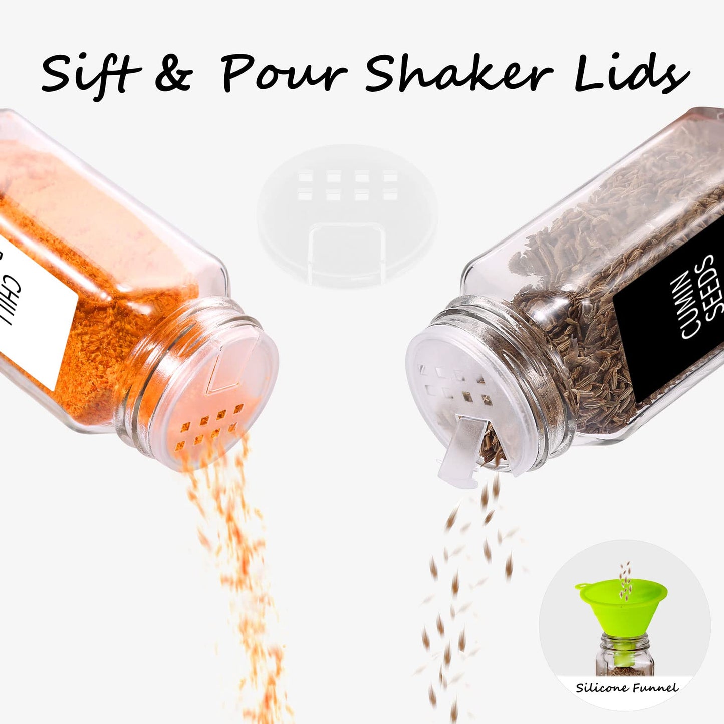 Churboro 36 Glass Spice Jars with 547 Labels with Shaker Lids - 4 Oz Square Spice Containers with Acacia Wood Lids, Chalk Pen, Funnel Seasoning Jars for Spice Rack, Cabinet, or Drawer