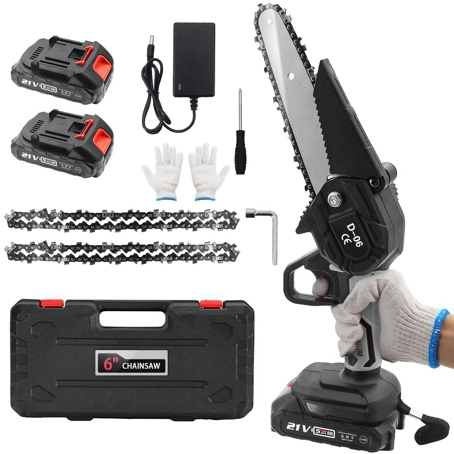 6 Inch Mini Chainsaw, Cordless Electric Chainsaw with 2 Battery, Handheld Mini Chain saw with Security Lock for Wood Cutting Tree Trimming Gardening, Black