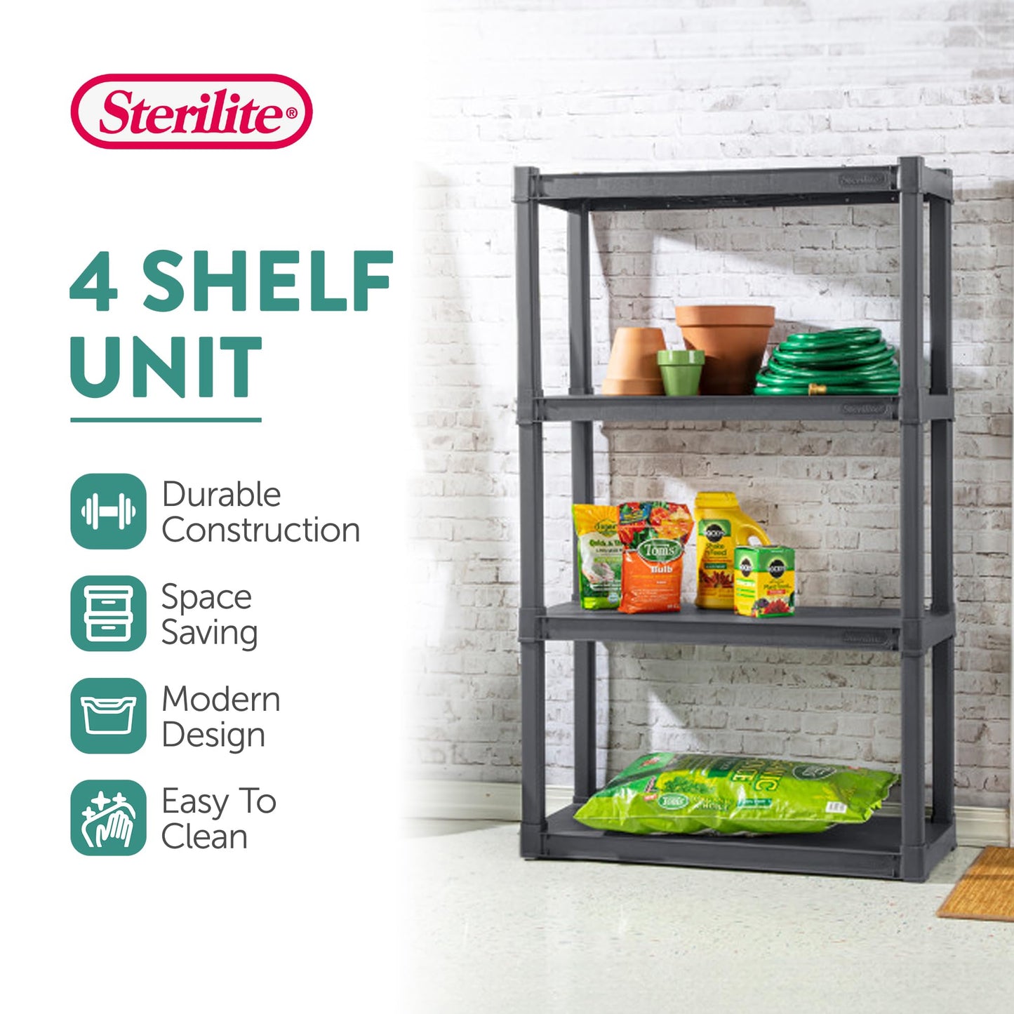 Sterilite 4 Shelf Unit, Heavy-Duty Shelving Storage and Utility Rack - Standing Plastic Organizer Shelves for Kitchen, Bathroom, and Garage