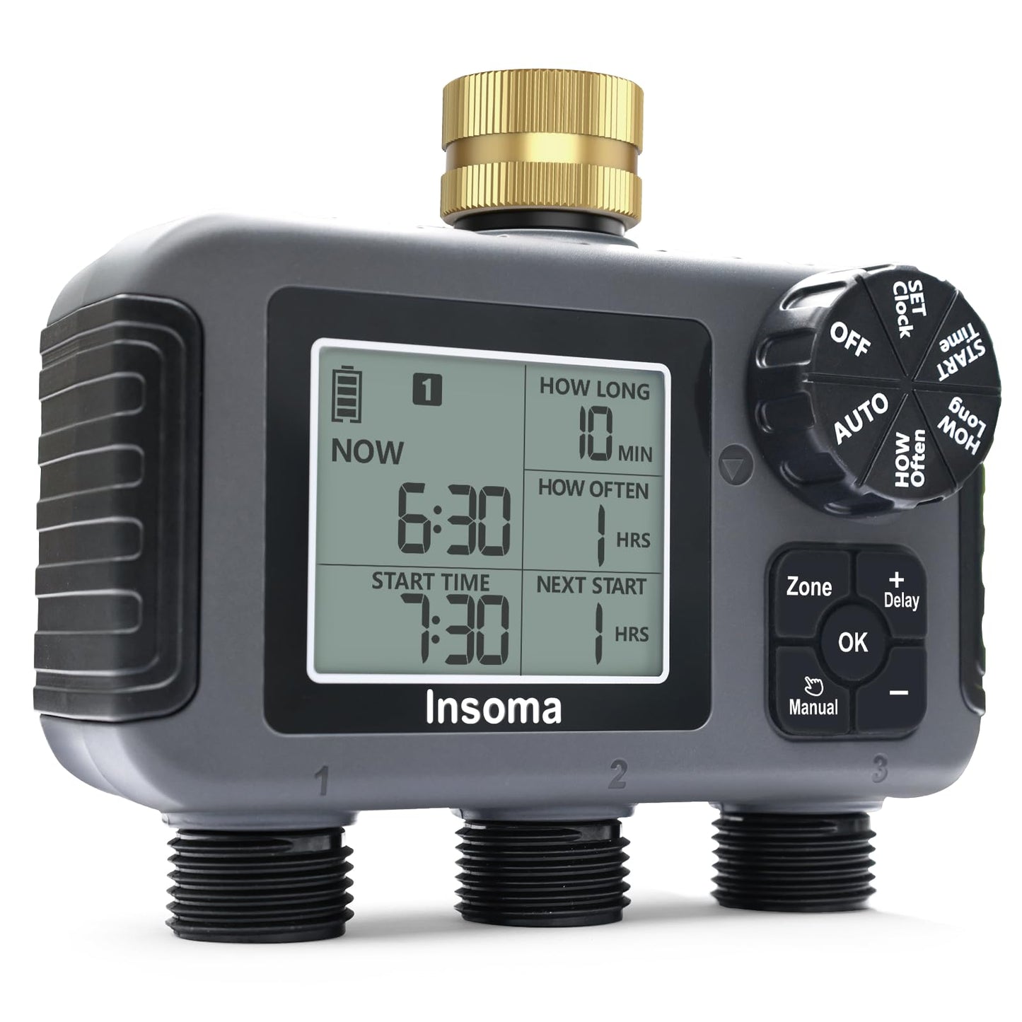 Insoma 3-Zone Sprinkler Timer with Brass Inlet + IPX5 Waterproof | Programmable Auto/Manual Irrigation Mode with Rain Delay & Large LCD | Water Hose Timer 3 Outlets for Garden, Lawn, Yard, Pool