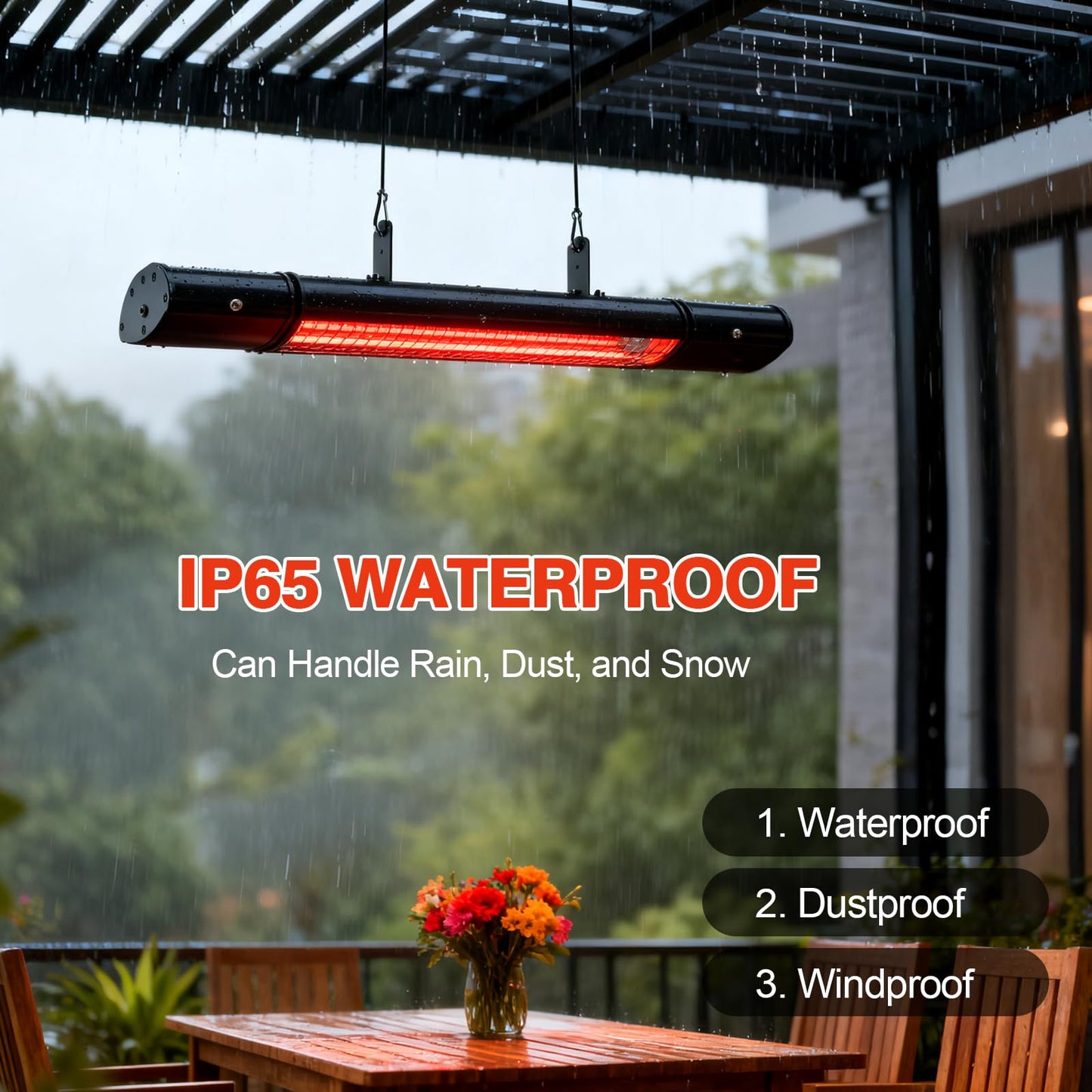 Electric Hanging Patio Heater with remote control, built in Temperature Control, Wall mounted or ceiling mounted, Suit for Outdoor, 1500W, Black
