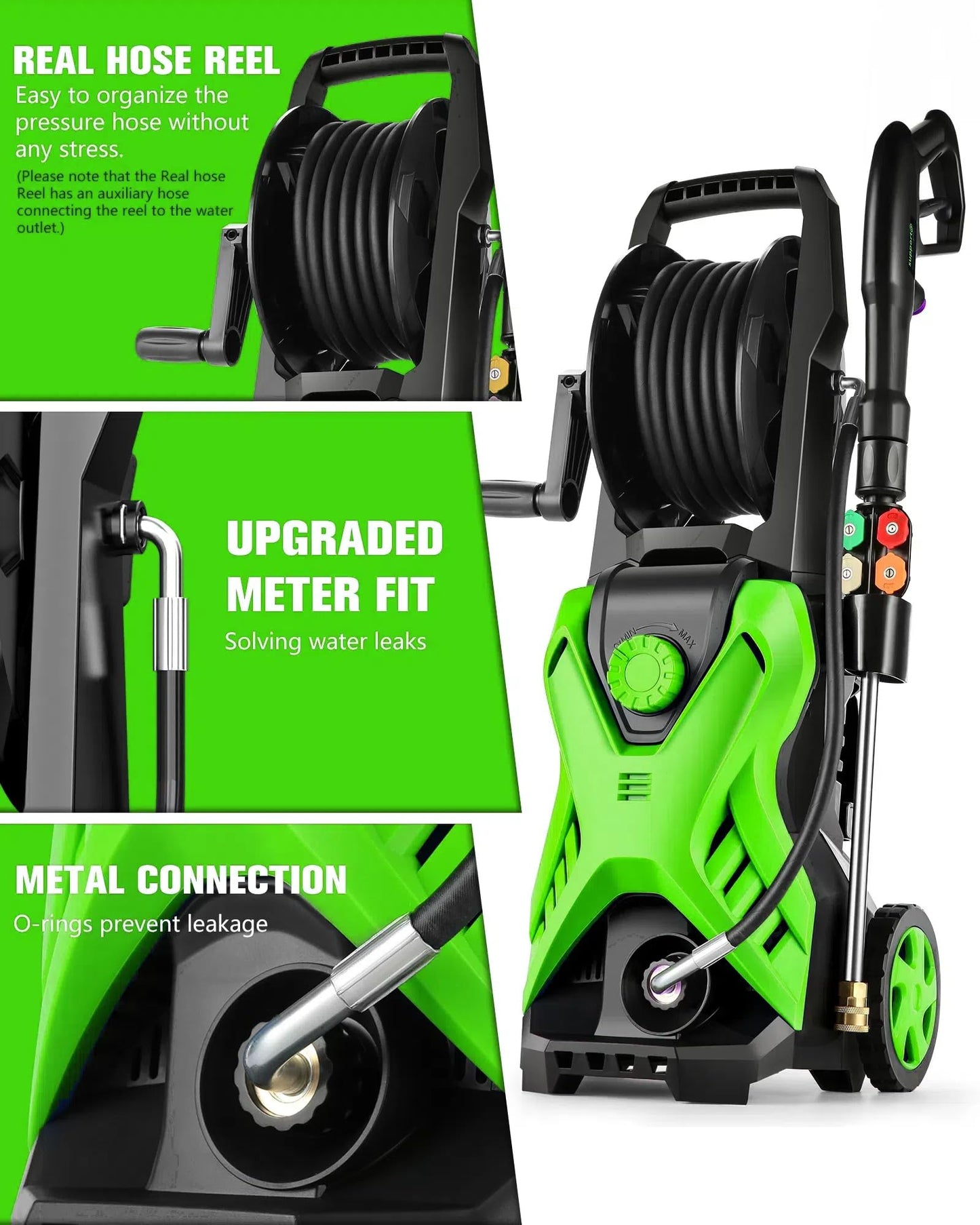 Electric Pressure Washer, 2.8 GPM High Power Washer Adjustable Pressure 2500PSI-5000PSI with 33FT Extension Hose Reel, 4 Nozzles and Soap Bottle for Cars/Fences/Driveways