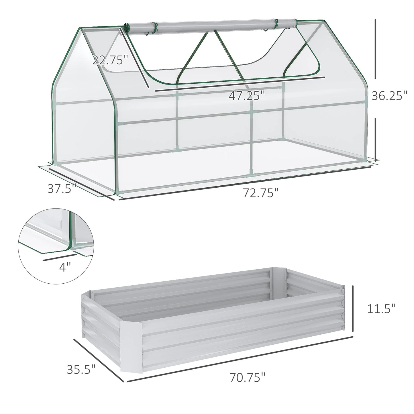 6' x 3' Galvanized Raised Garden Bed with PVC Greenhouse Cover, Outdoor Metal Planter Box with 2 Roll Up Windows for Growing Flowers, Fruits, Vegetables and Herbs, Light Gray