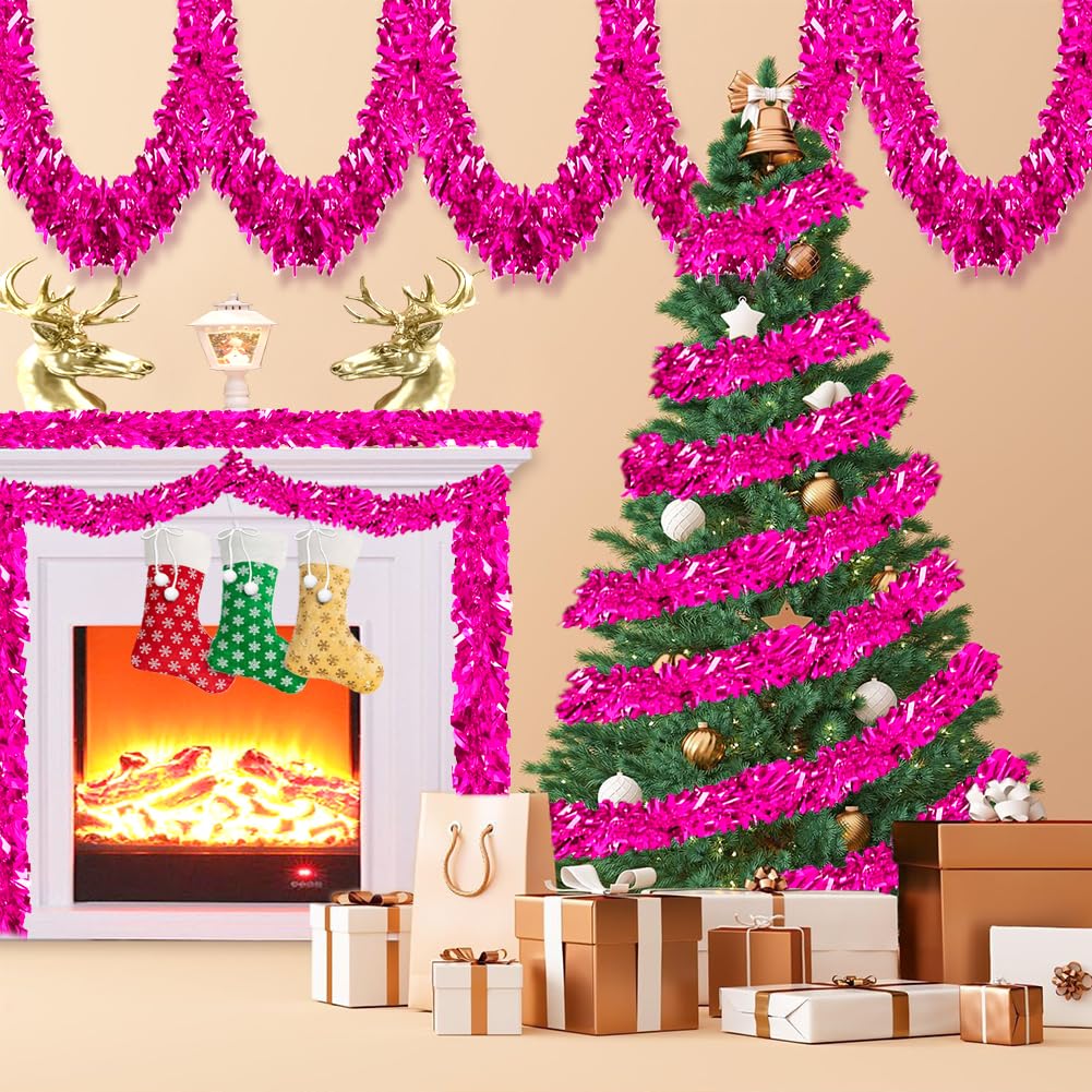 33Ft Christmas Tinsel Garland Shiny Thick Rosy Tinsel Decor Xmas Tree Decorations Metallic Twist Foil Garland for Birthday Thanksgiving Day New Year Parties Indoor Outdoor Party Supplies - Rosy