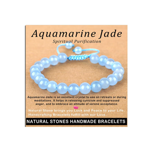 AD Beads 8mm Aquamarine Jade - Spiritual Purification - Handmade Natural Stone Crystal Bracelet with Adjustable Macrame String - Yoga Healing Power Energy Gifts for Men and Women