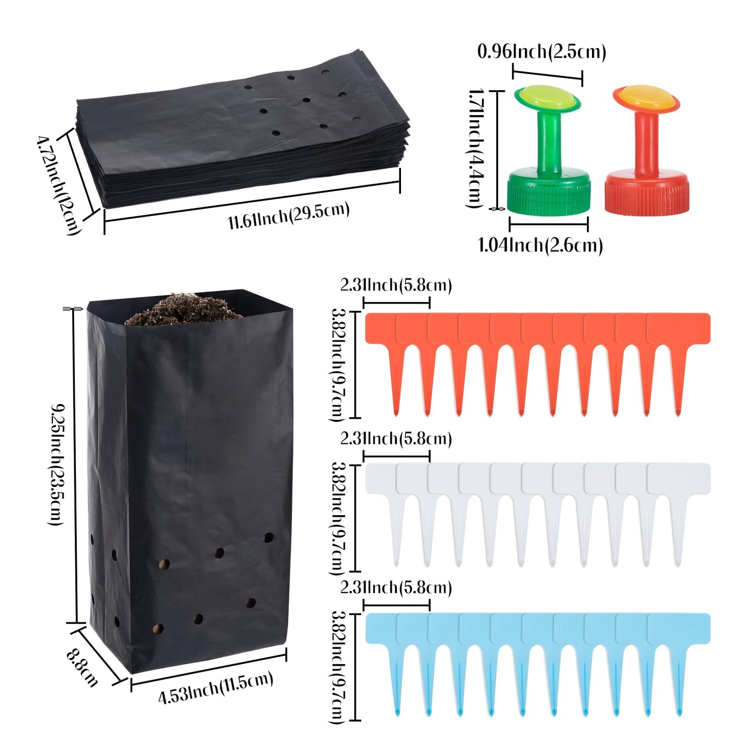 100 Pcs Nursery Growing Bags Seedling Starter Bags with 30 Plant Labels & 2 Mini Watering Sprinklers Plant Grow Bags Plants Pots Plastic Pouches for Garden Trees,Flowers, Vegetable(9.2x4.9x3.5 Inch)