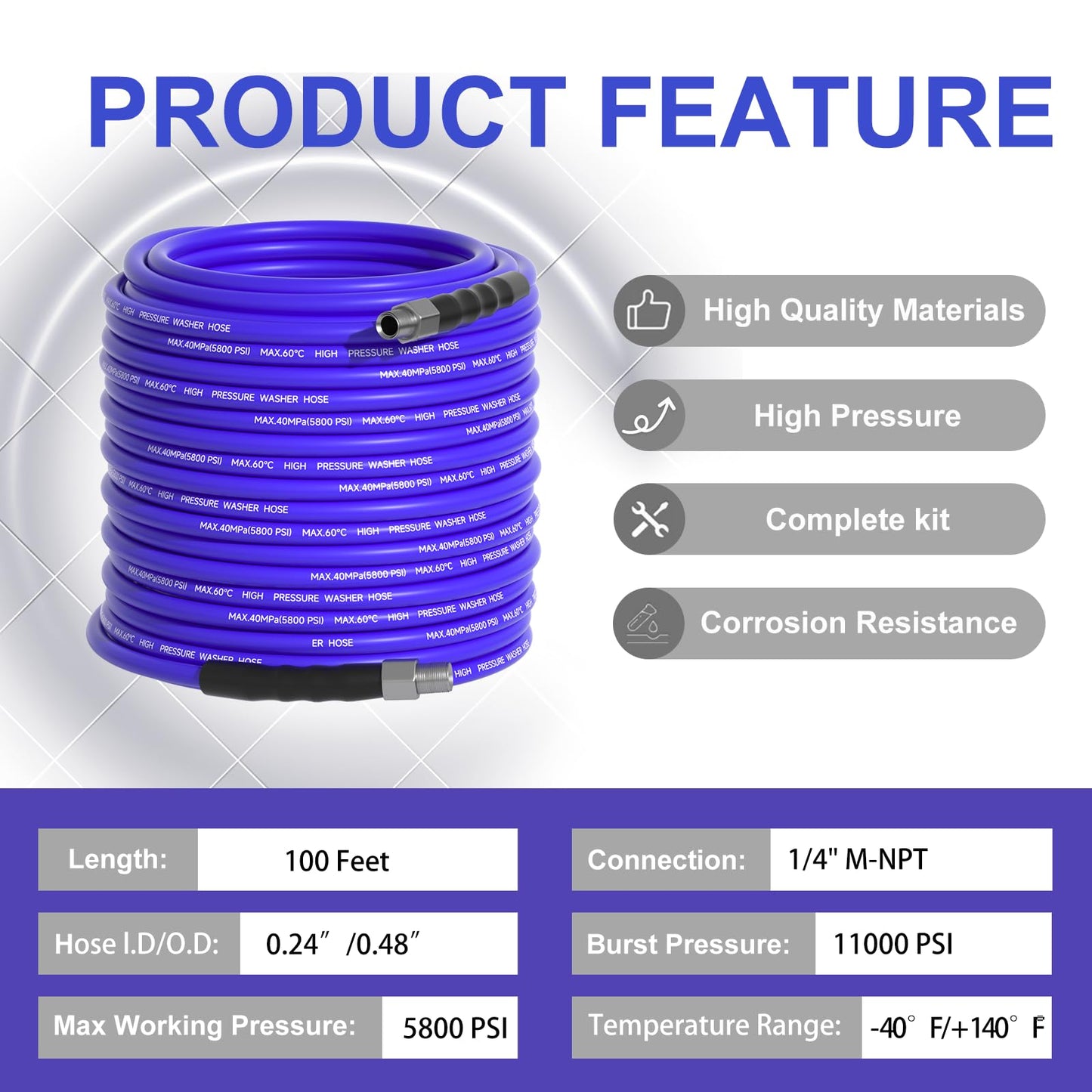 TUTULUCK 100FT Sewer Jetter Kit for Pressure Washer 1/4"NPT Drain Cleaner Hose 5800PSI Corner Rotating and Button Hose Sewer Jetting Nozzle Pearl Corsage Pin Tape Handle Strap Spanner
