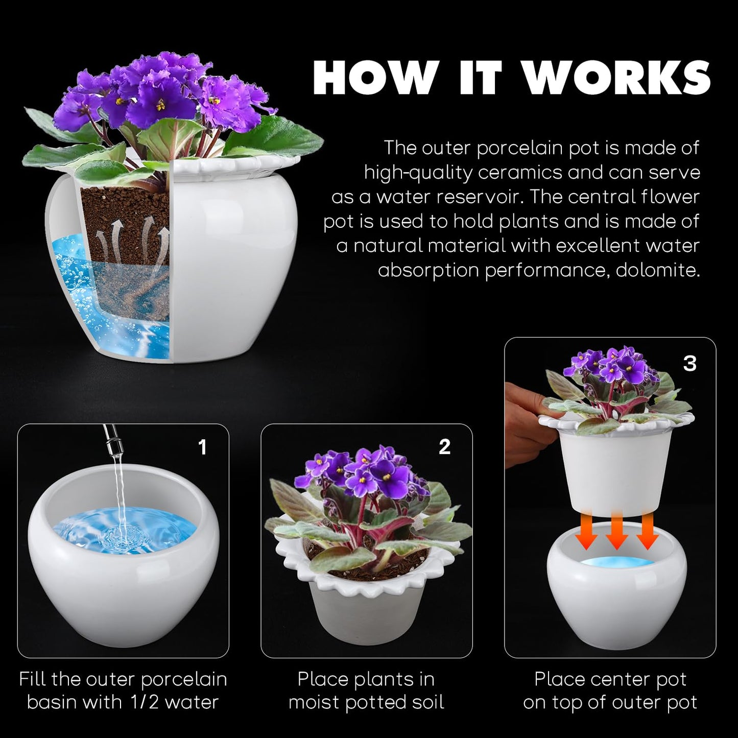 Lovely Ran African Violet Flower Pot Ceramic Self Watering Flower Pot 6.5 * 4.6 * 4 inch Simple Plant Self Watering Pot Indoor Flowers High Absorption Herbaceous Flower Pots Modern Decor Pots