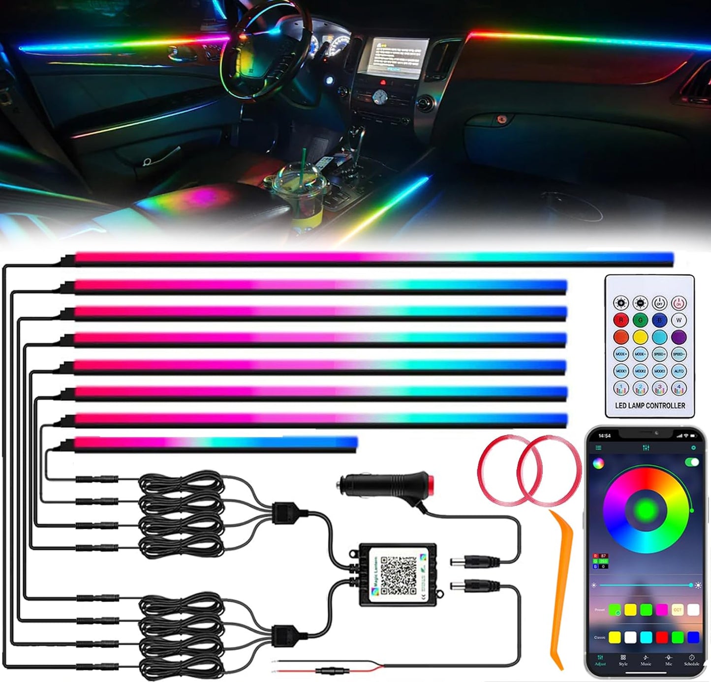 Interior Car LED Strip Lights, Acrylic LED Lights for Car with Dynamic Dreamcolor Chasing, Ambient Lighting Kits Music Sync Wireless APP and RF Remote Control (8 in 1)