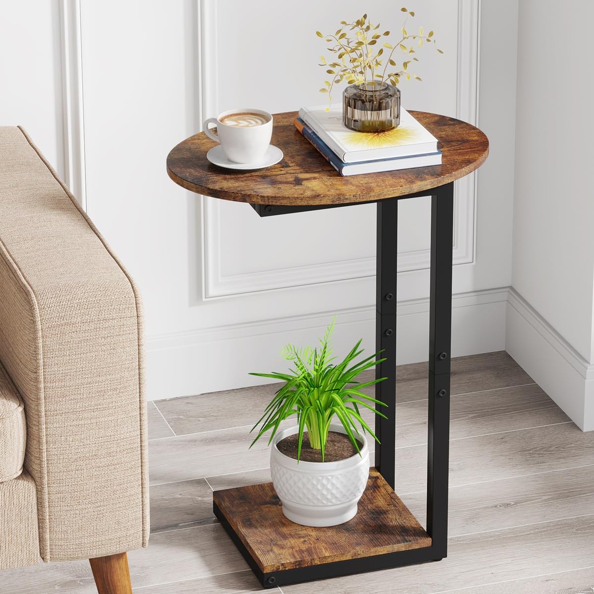 Hosfais Side Table Small End Table, C-Shaped Wood Sofa Table with Metal Frame for Living Room, Bedroom, Small Spaces (Rustic Brown)