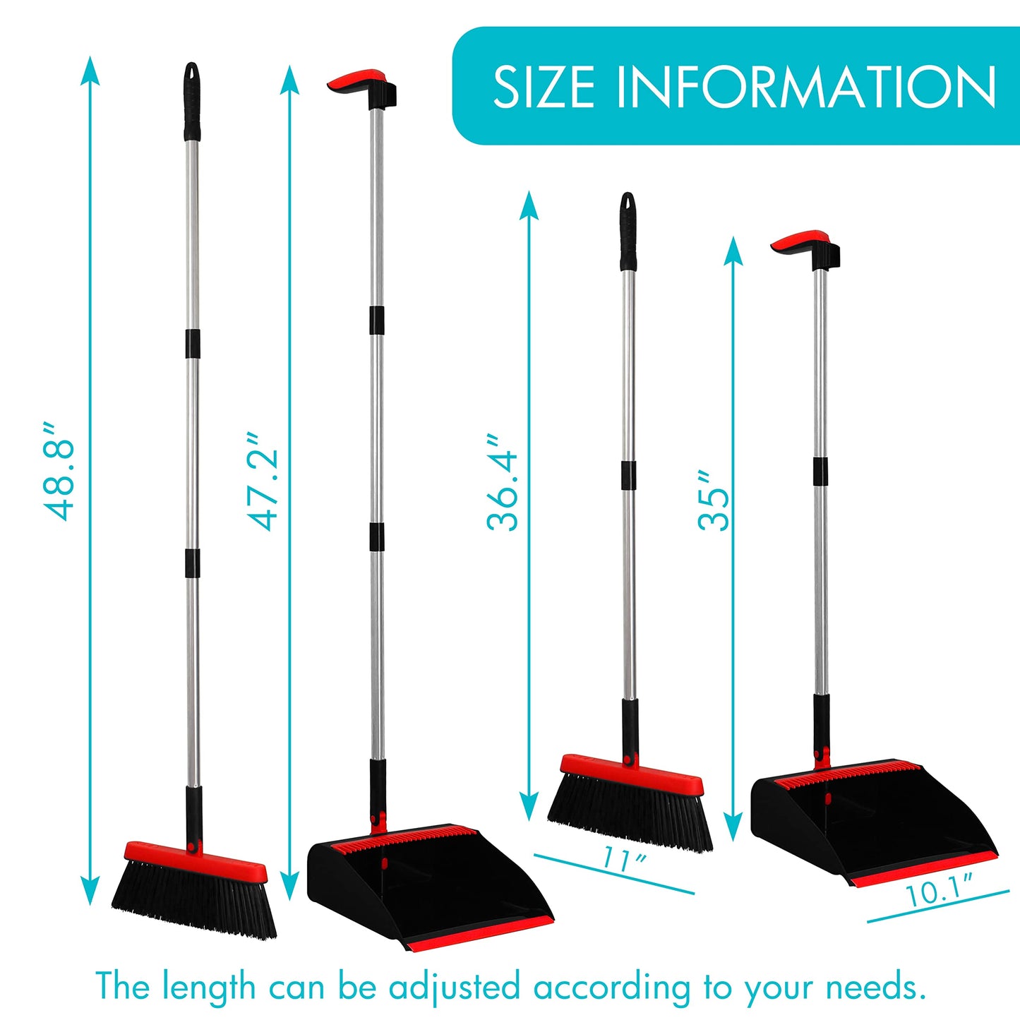 PHYEX 2-Pack Broom and Dustpan Combo Set, with 48" Adjustable Long Stainless Handles, Stand Up Dustpan with Self-Cleaning Teeth, Ideal for Home, Office, Kitchen, Indoor & Outdoor Use, Black