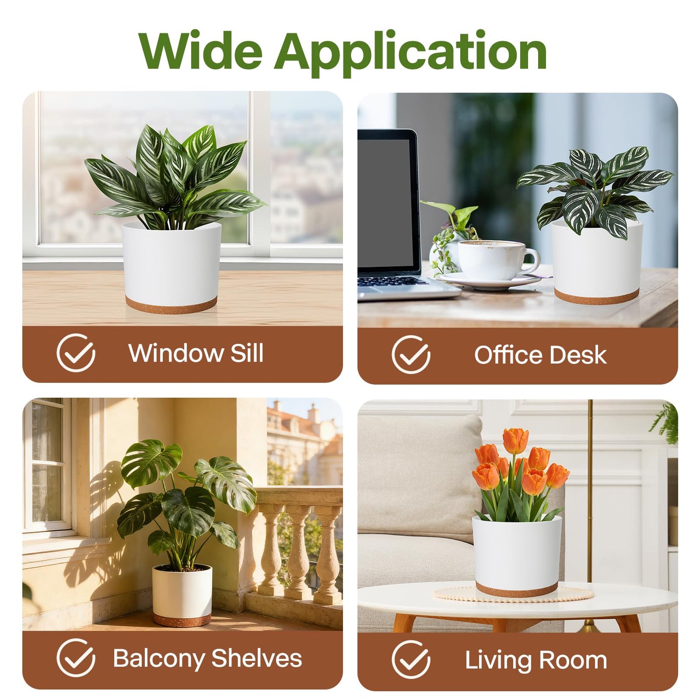 GARDIFE 10/9/8 Inch Modern Cylinder Planter, Plant Pots for Indoor Outdoor Plants, Flower Pots with Drainage Holes and Saucers for Garden Succulent Nursery House Plants (White-Brown)