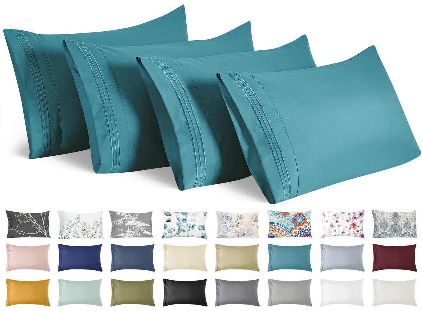 YIYEA Pillow Cases Standard Size Set of 4, Ultra Soft 1800TC Hotel Quality Double Brushed Microfiber Embroidered Pillowcases, Envelope Closure, Fade Resistant (20"x26", Teal)