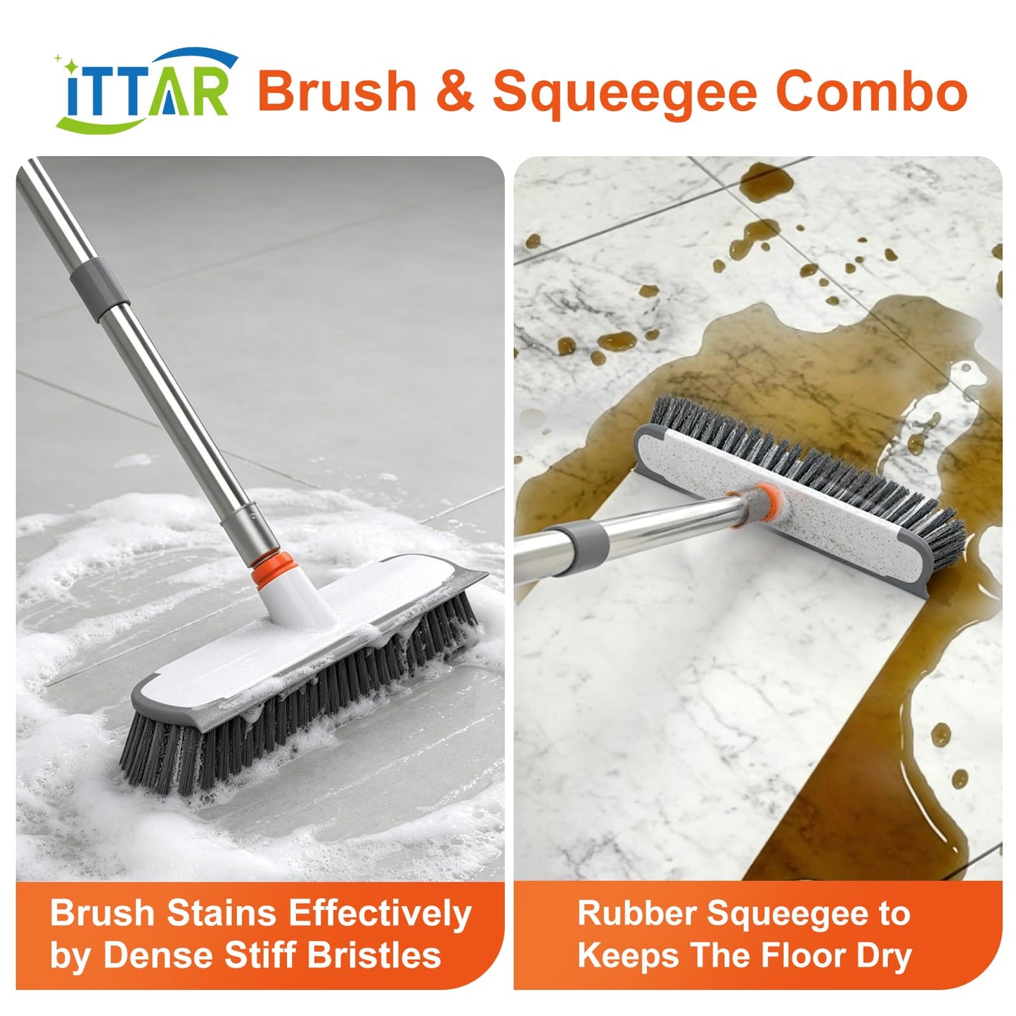 ITTAR 55" Extendable Floor Scrub Brush | 12" Wide 2-in-1 Scrub & Squeegee | Heavy-Duty Tile Scrubber Cleaner with Stiff Bristles for Shower Floor, Kitchen, Restaurant, Patio & Garage-Orange