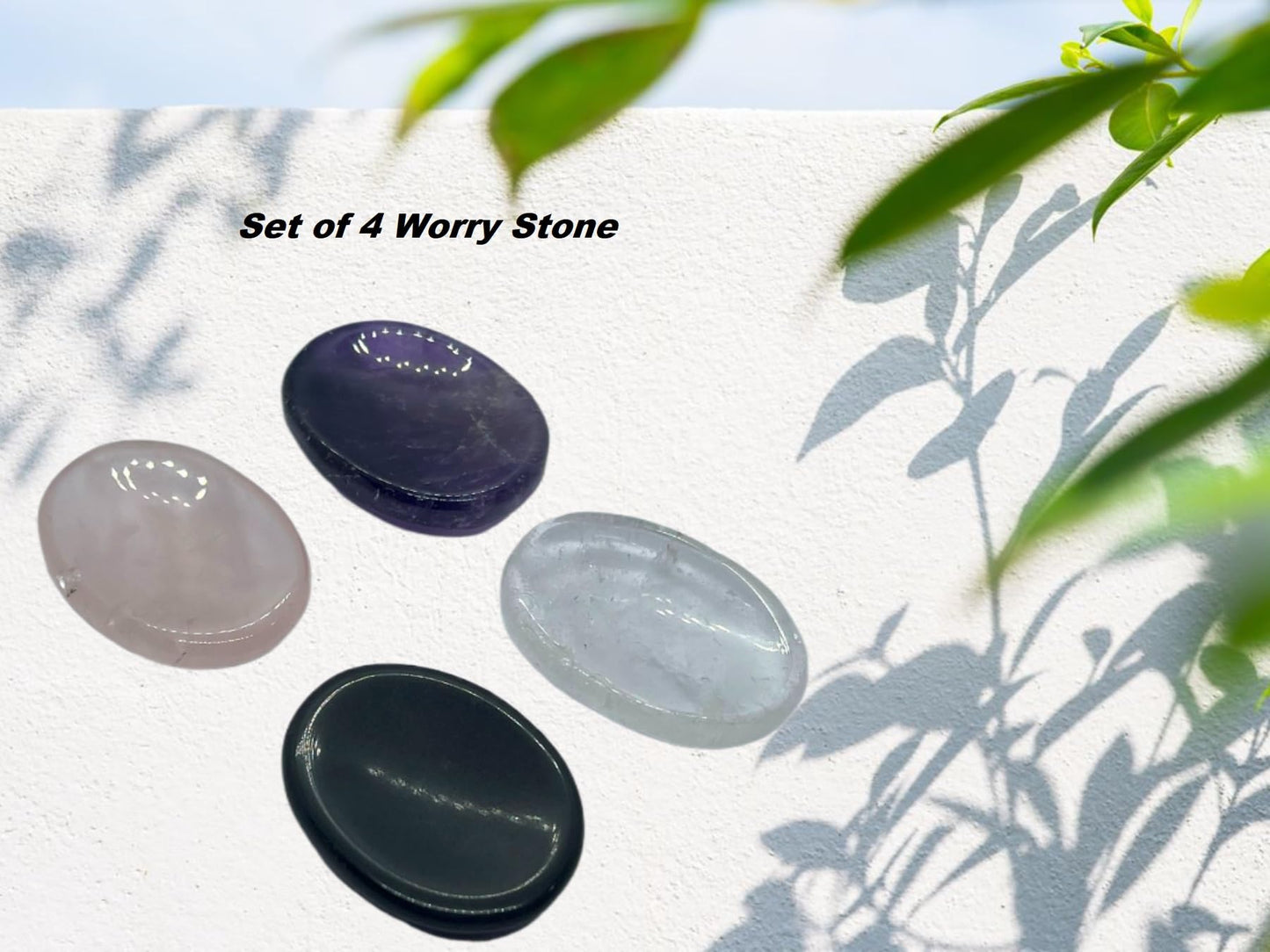 Set of 4 Pieces of Amethyst, Rose Quartz, Clear Quartz, Black Agate Thumb Worry Stones Metaphysical Gemstone Crystal Healing Reiki Men Women Gift Feng Shui Positive Energy