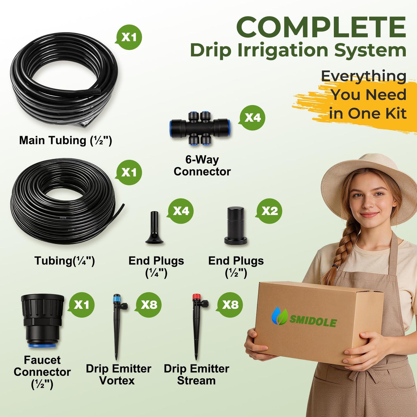 100FT Drip Irrigation System Kit, Quick Connect Garden Watering System, Easy Install Drip Irrigation Kit with 1/2" & 1/4" Tubing, Adjustable Emitters for Garden, Raised Beds, Greenhouse