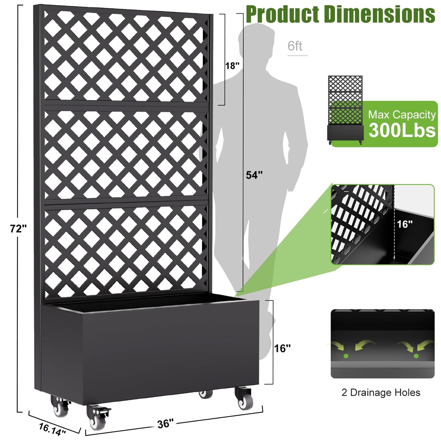 72" Metal Planter Box with Trellis Outdoor and Wheels,Planter with Trellis Privacy Screen, Raised Garden Bed with Trellis and Drainage Holes for Climbing Plants, Vegetables, Vines